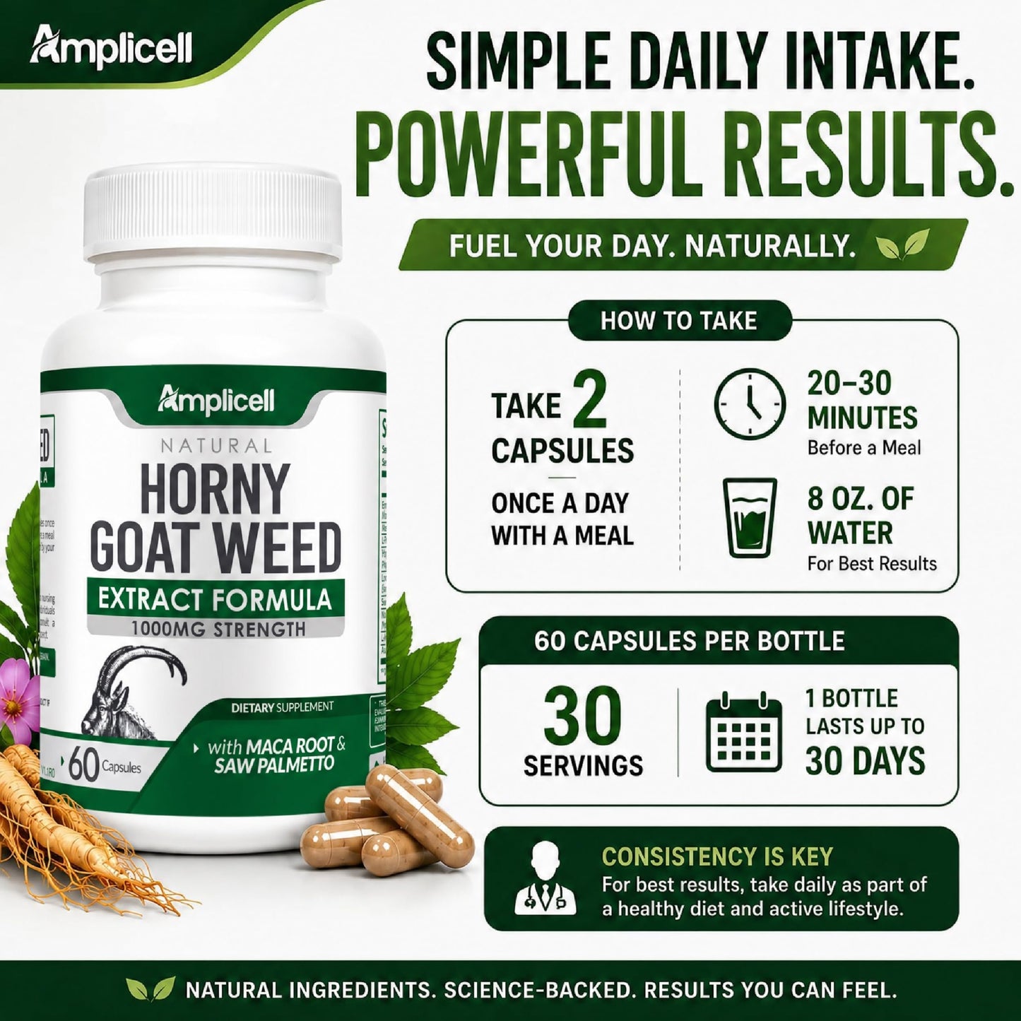 Amplicell Horny Goat Weed Complex Supplement for Men & Women Energy Capsule, 60 Count