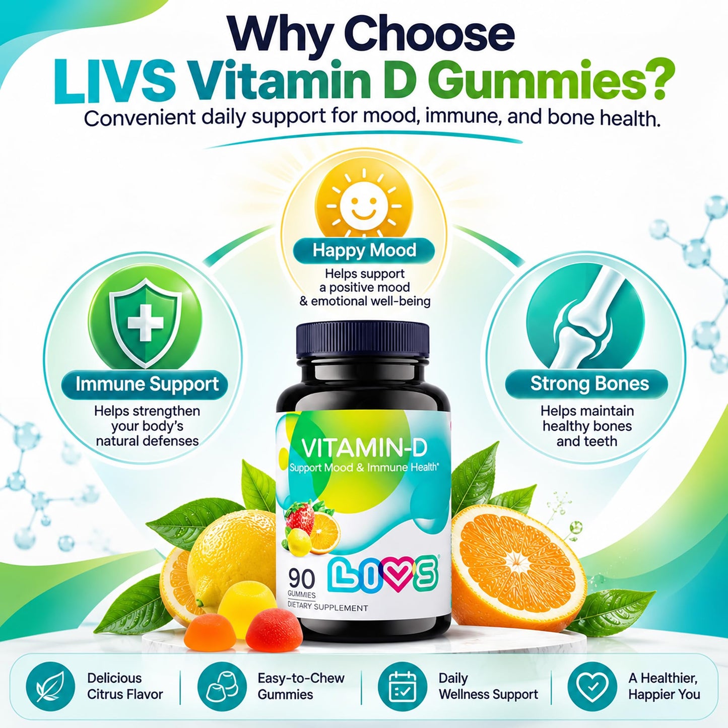 LIVS Vitamin D Gummies 2000 IU Vitamin D3, 90 Gummies