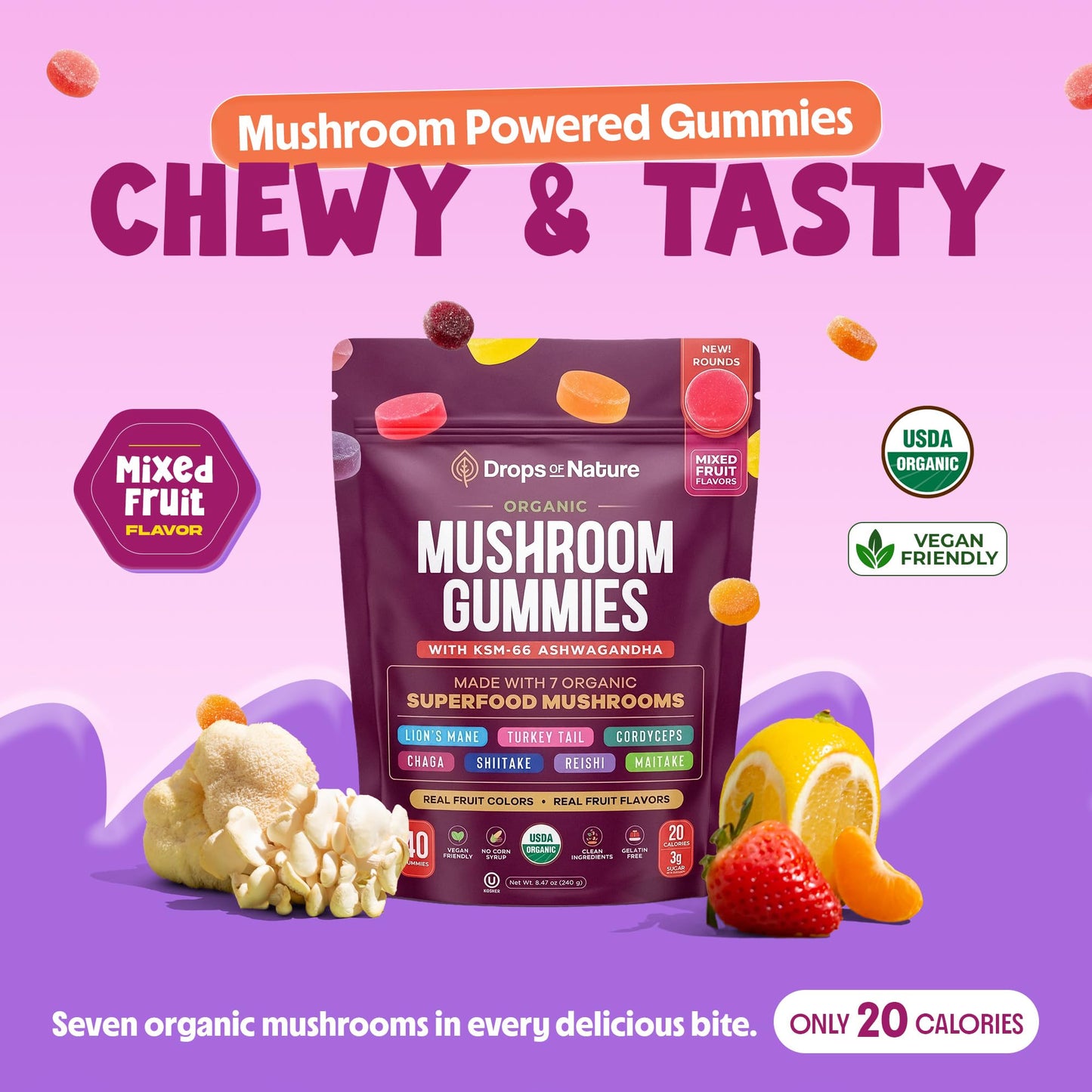 Drops Of Nature Ashwagandha & Mushroom Gummies Mixed Berry, 40 Count