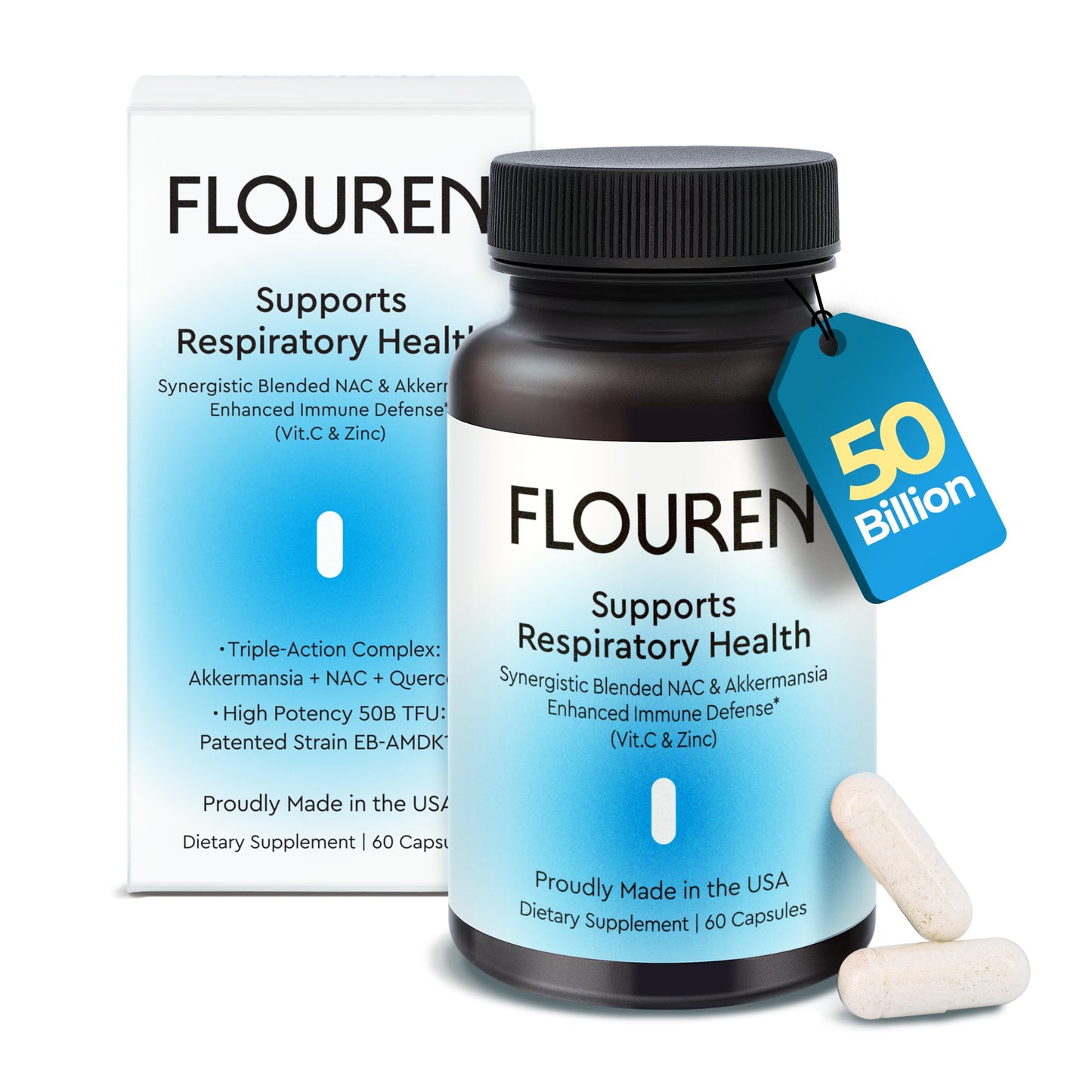 FLOUREN Immune & Wellness Formula with NAC, Vitamins C & Zinc, Quercetin, and Postbiotic Akkermansia EB-AMDK19, capsules, 60 count