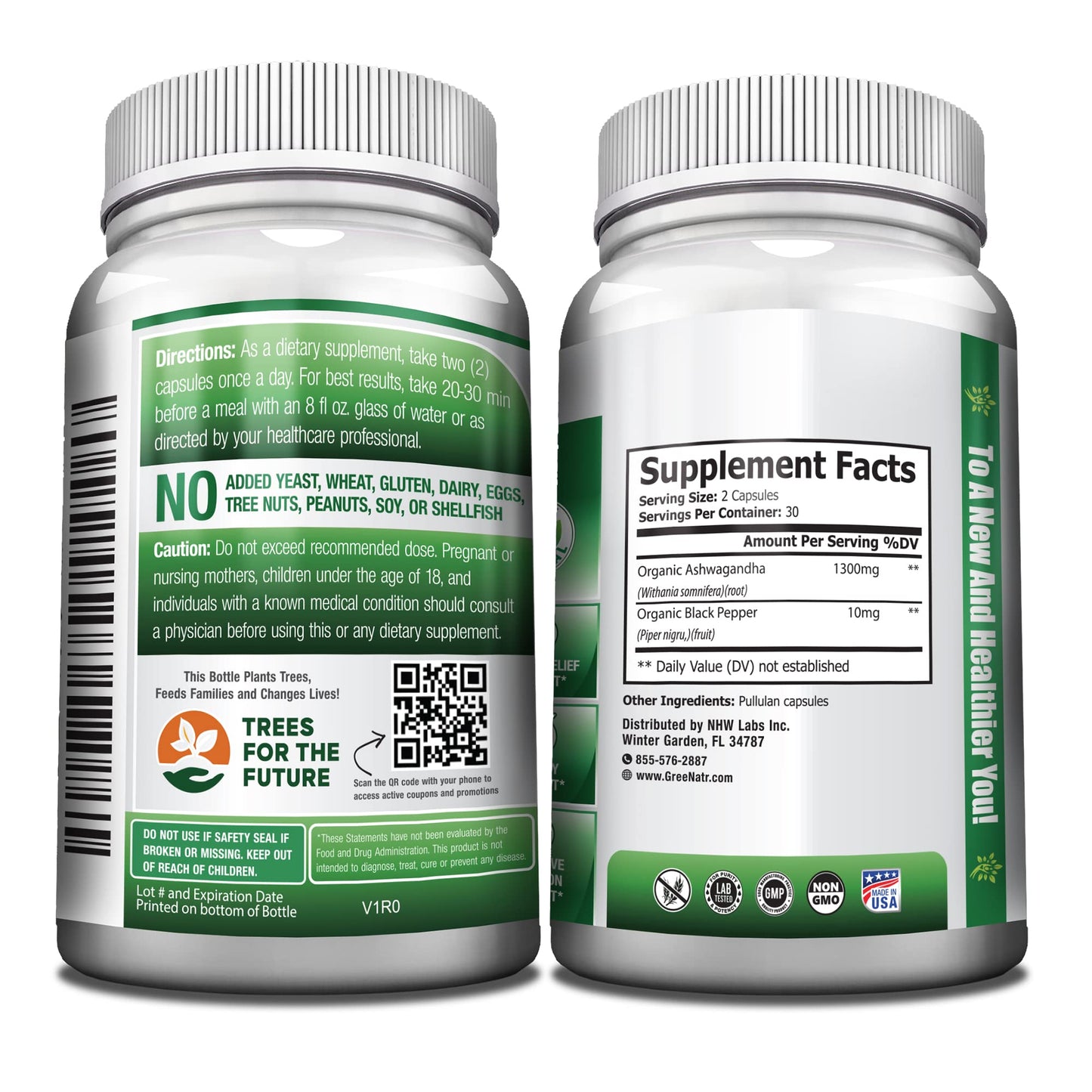 GreeNatr Organic Ashwagandha Capsules with Black Pepper for Enhanced Absorption, 60 Veggie Capsules
