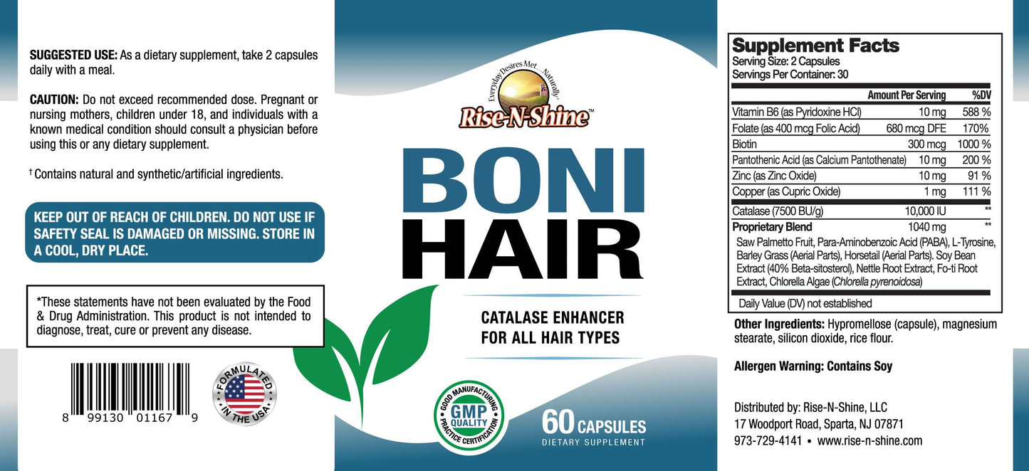 Rise-N-Shine BoniHair Catalase Supplement for Vibrant, Youthful Hair Support- 10,000 IU Catalase with Saw Palmetto, Biotin, Fo-Ti, PABA, 60 Capsules
