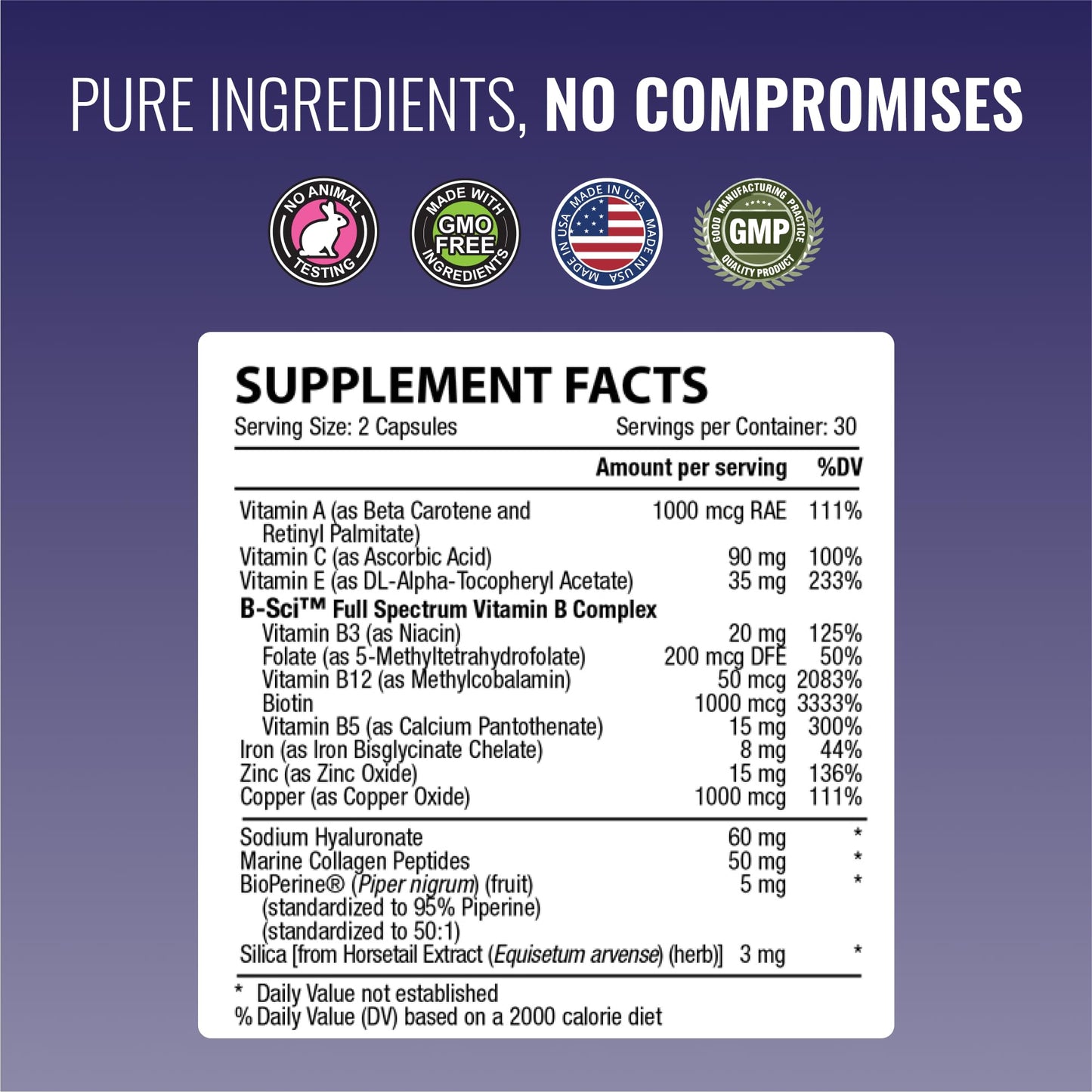 Approved Science Hair, Skin and Nails Support Supplement with Biotin, Collagen, Vitamin B Complex, Silica, BioPerine, 60 Capsules