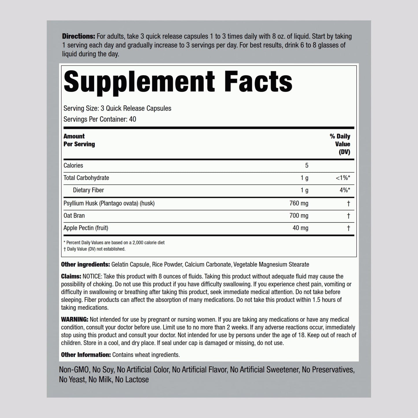 Piping Rock Fiber Complex Supplement 1500mg Capsule, 120 Capsules