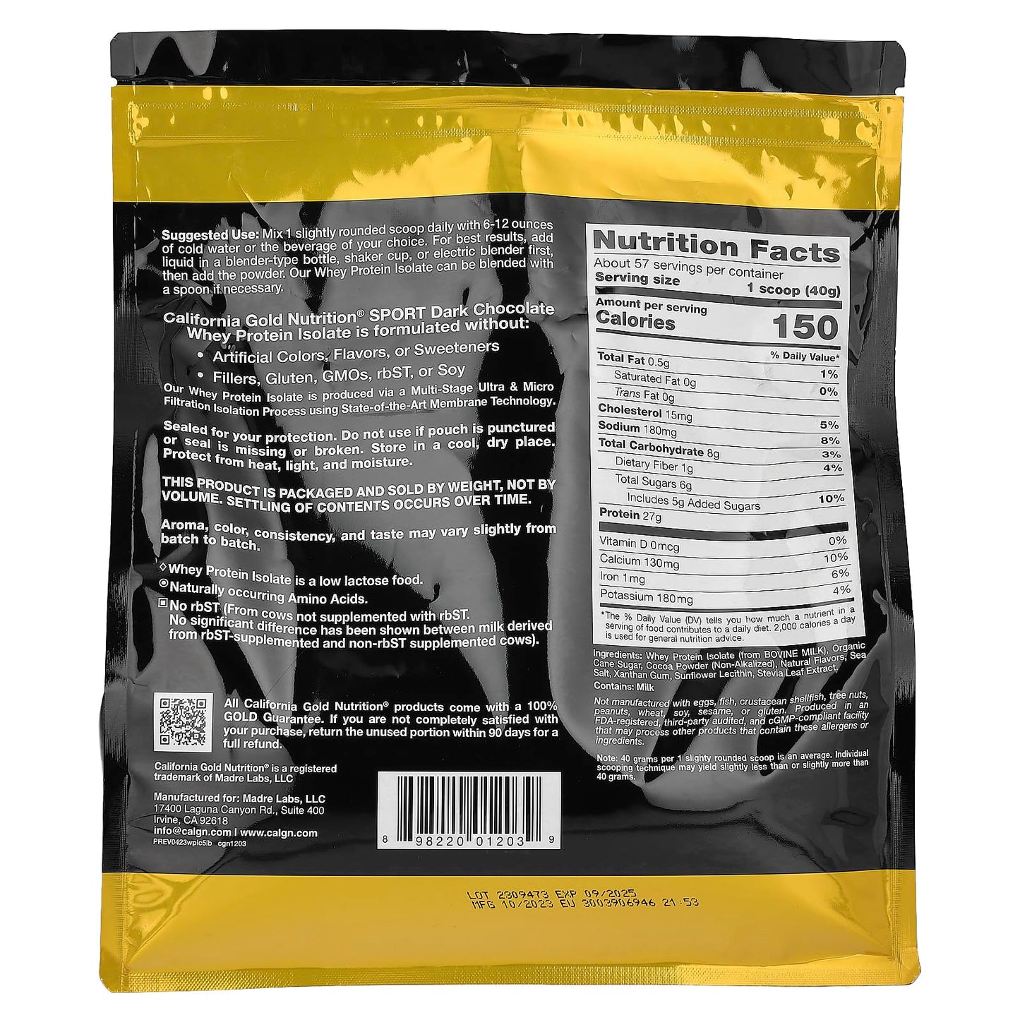 California Gold Nutrition Sport Whey Protein Isolate Powder, Dark Chocolate, 80 Servings
