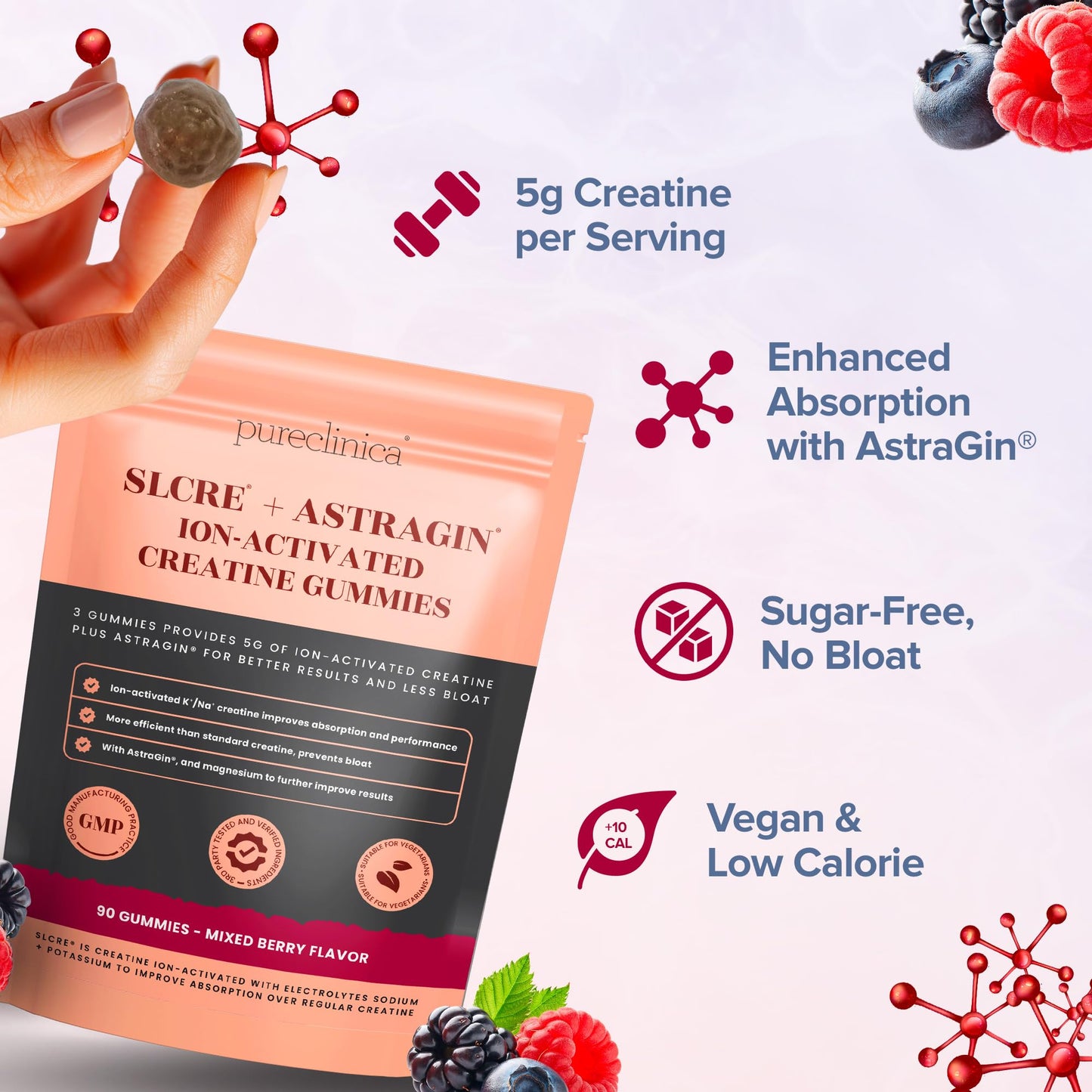 pureclinica Creatine Gummies - 5g Micronized Creatine Monohydrate per Serving, with AstraGin - 90 Gummies