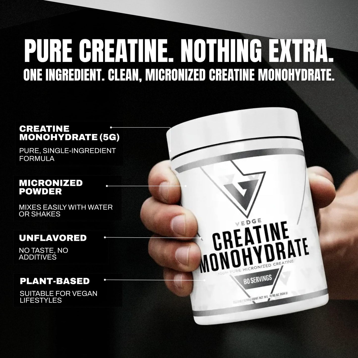 VEDGE Vegan Creatine Powder, 10.58 Ounce, 30 Servings