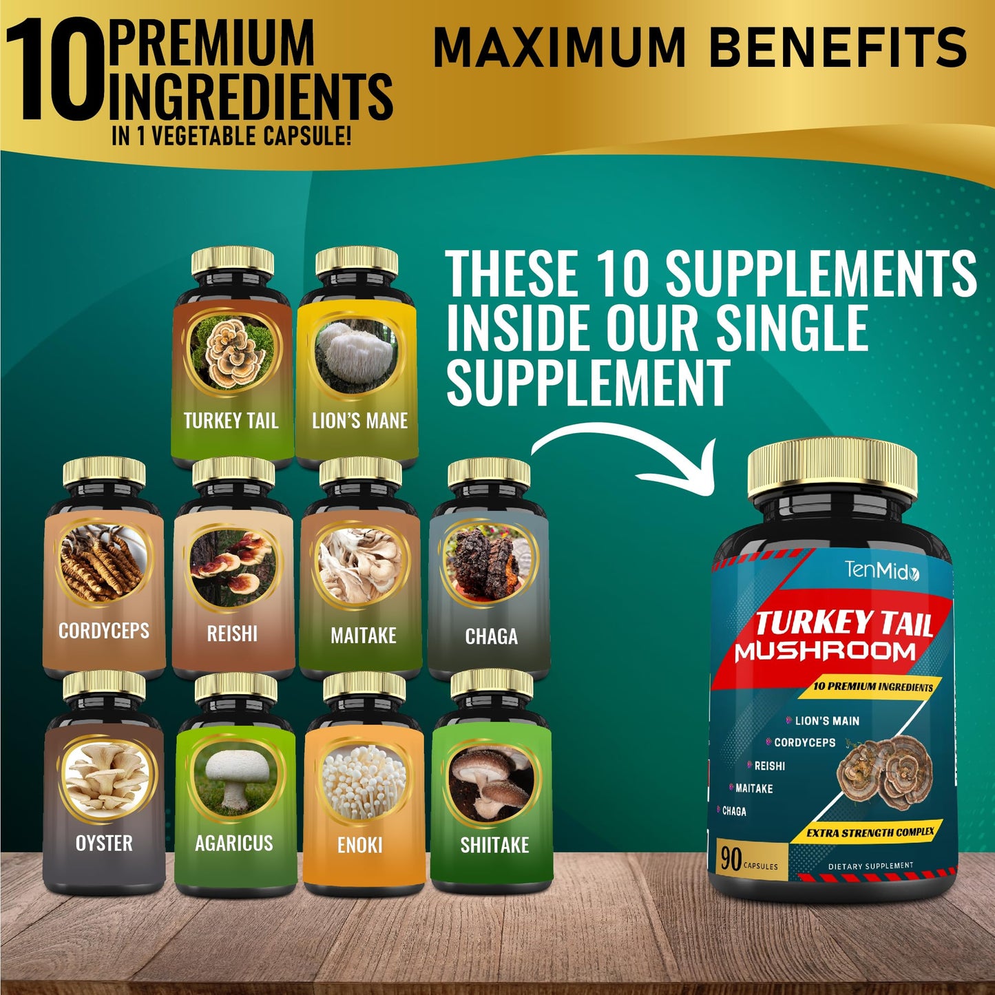 Tenmido Turkey Tail Mushroom Supplement Capsules 90 Count