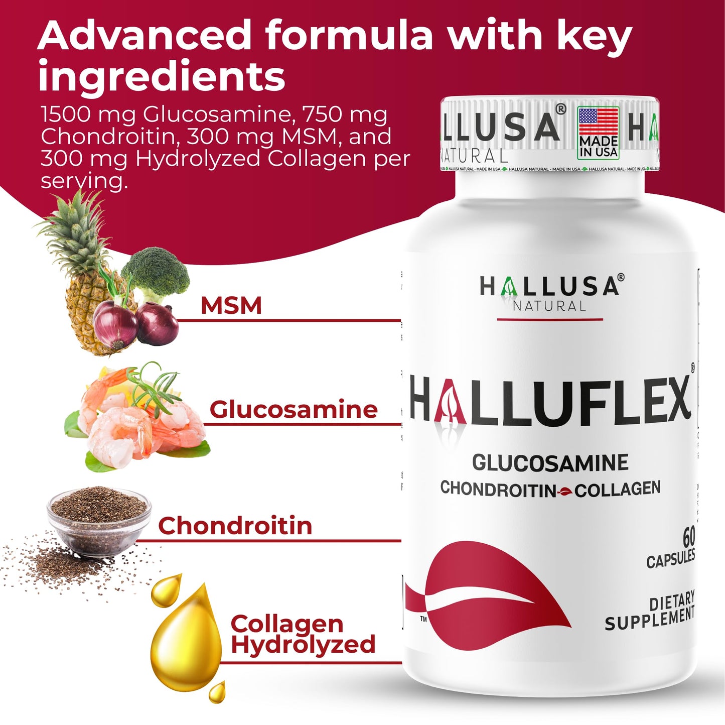 Hallusa Natural Halluflex 2850mg Glucosamine Chondroitin, MSM & Hydrolyzed Collagen Joint Support Capsule, 300 Capsules