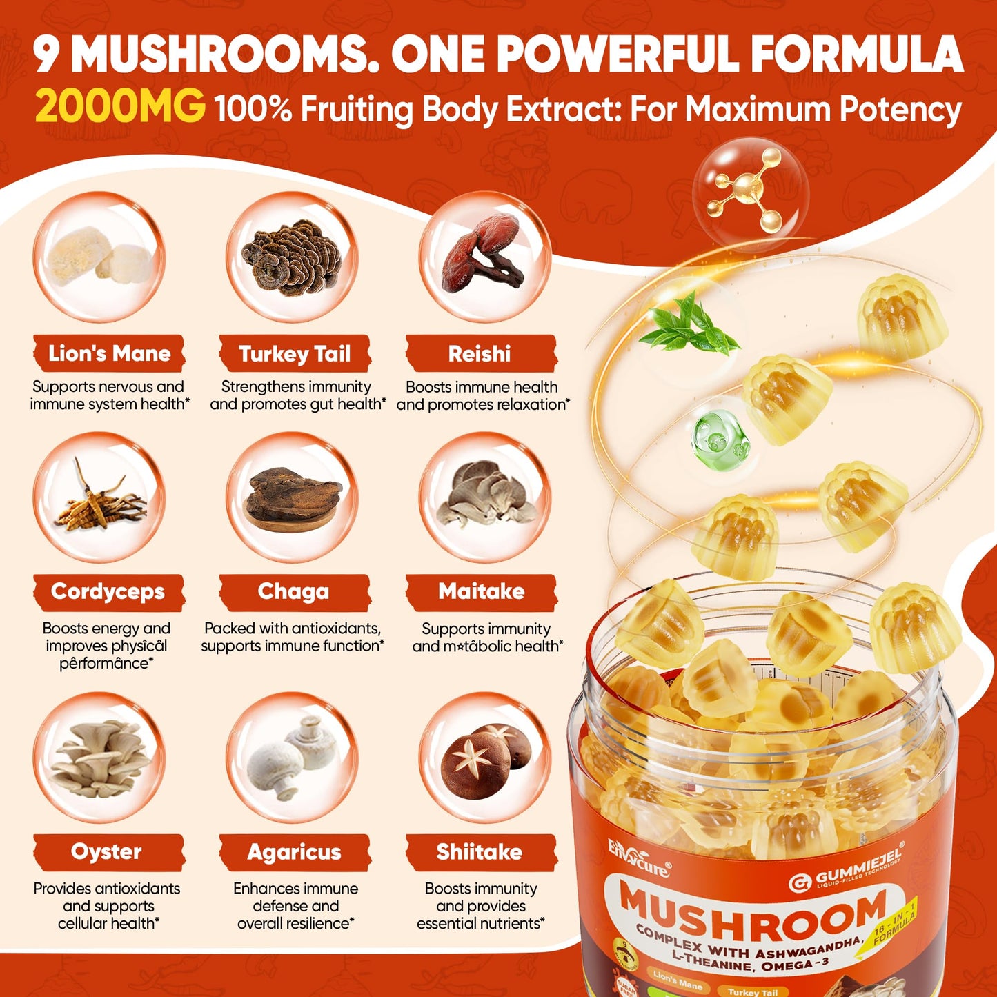 EnvyCure Brain Supplements for Memory and Focus 16-in-1 Mushroom Gummies, 60 Count