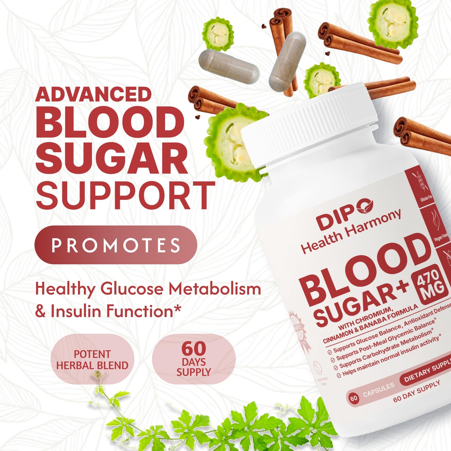 DIPO HEALTH HARMONY Blood Sugar Plus Multi-Vitamin with Biotin, Chromium, Cinnamon, Banaba Extract & Alpha Lipoic Acid Glucose & Carbohydrate Metabolism Support, 60 Capsules
