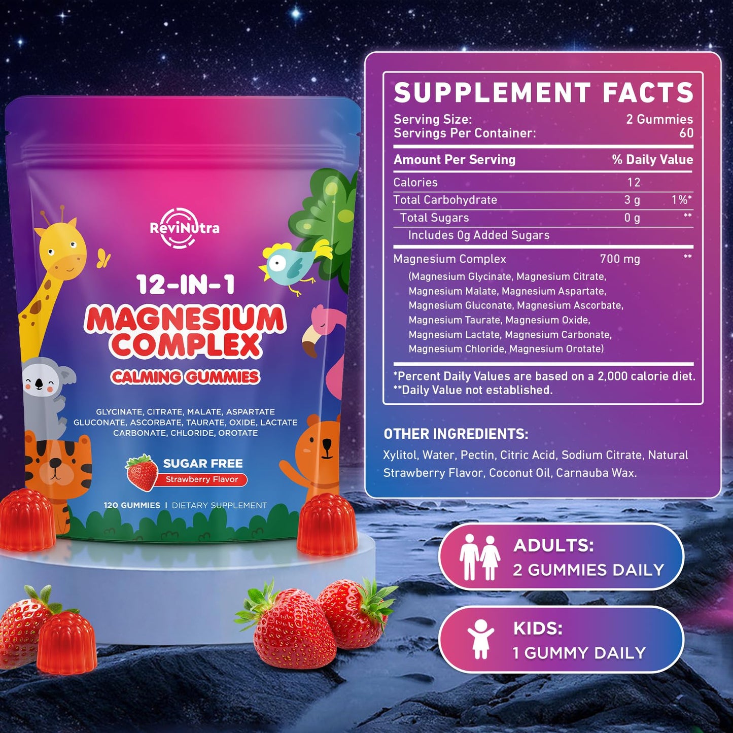 ReviNutra Magnesium Complex 700mg 12 in 1 Gummies, Sugar Free Strawberry, 120 Gummies