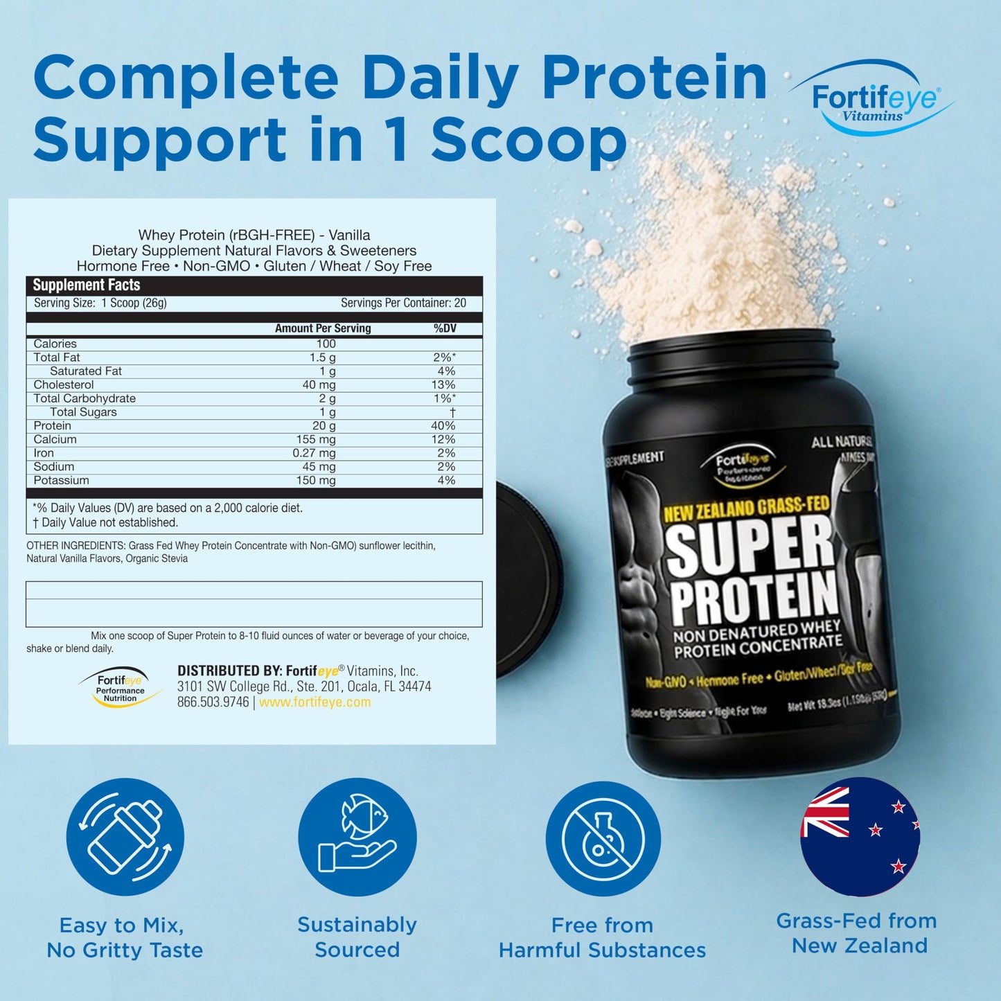 Fortifeye Vitamins Whey Protein Powder Vanilla Flavor, New Zealand Grass-Fed, 3 Pack