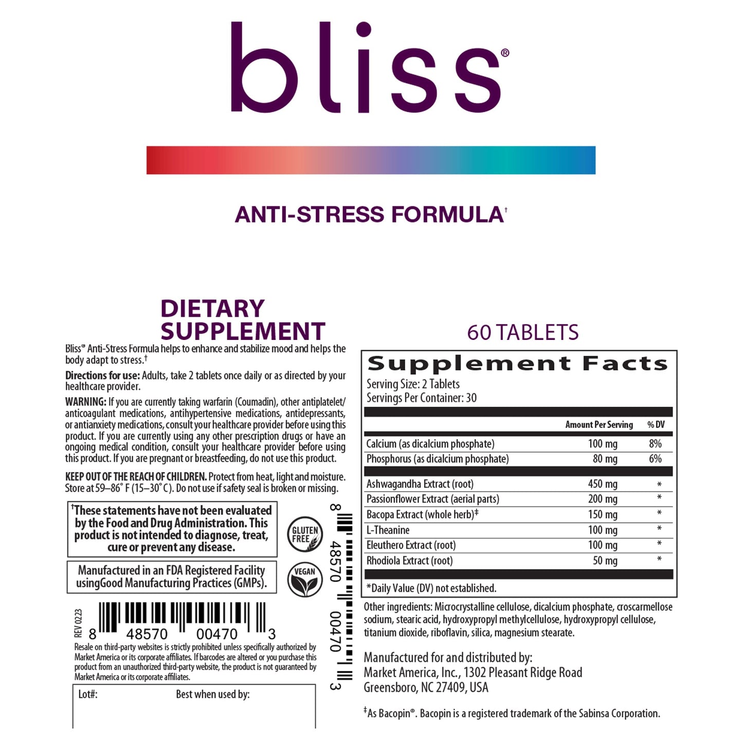 Bliss Herbal Stress Support – Adaptogenic Capsules with Ashwagandha, Rhodiola & L-Theanine – Promotes Calm, Mood Balance & Mental Clarity – Vegan & Gluten-Free – 60 Capsules