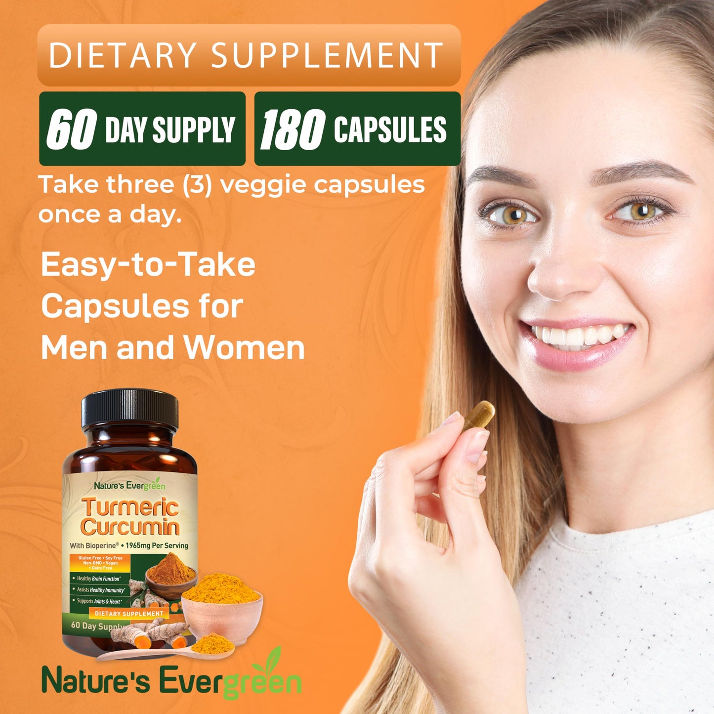 Nature's Evergreen Turmeric Curcumin with Black Pepper Extract (Bioperine) & Organic Turmeric Vegan Joint Support Supplement, 95% Curcuminoids, 1965mg, 180 Capsules