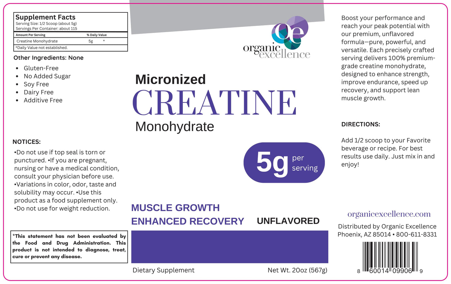 Organic Excellence Creatine Monohydrate Micronized Creatine Powder Unflavored, 0.18 Ounce
