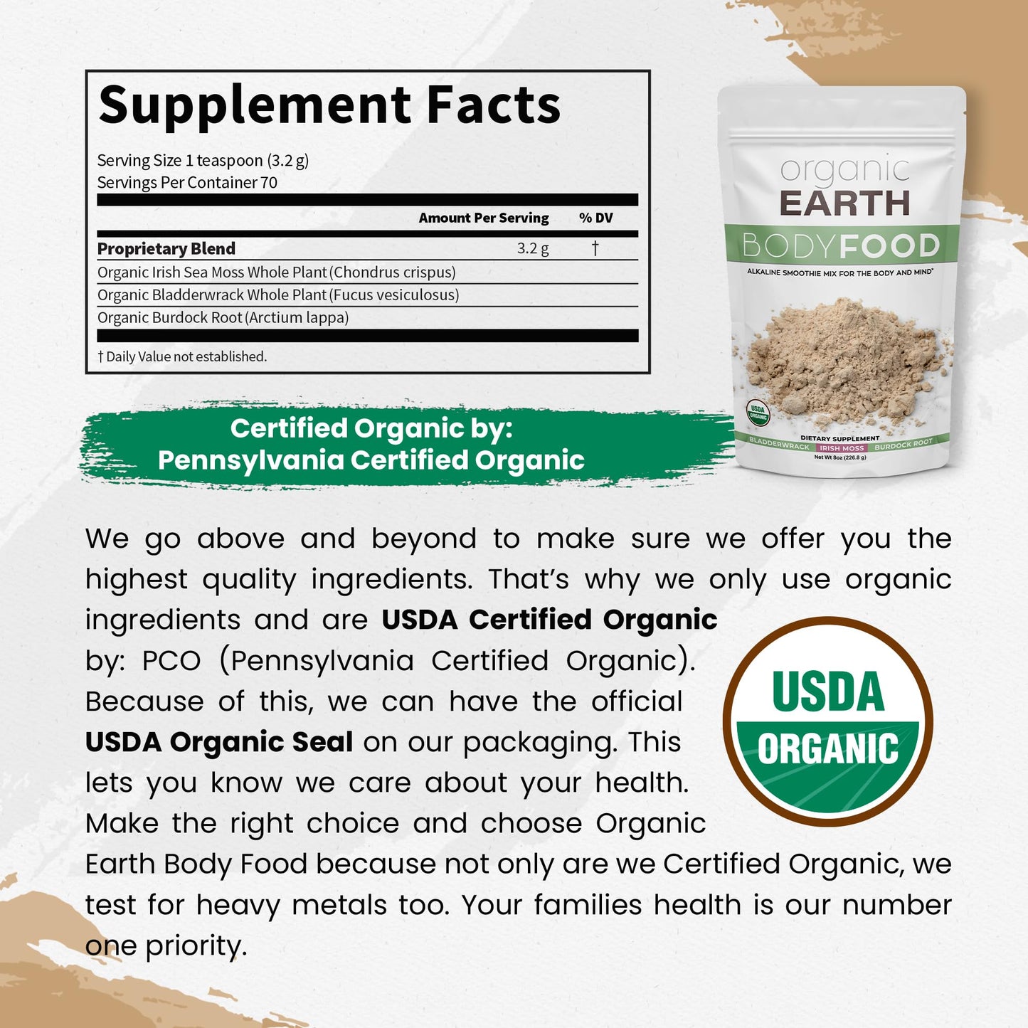 Organic Earth Irish Sea Moss Powder with Bladderwrack & Burdock Root, 8 oz