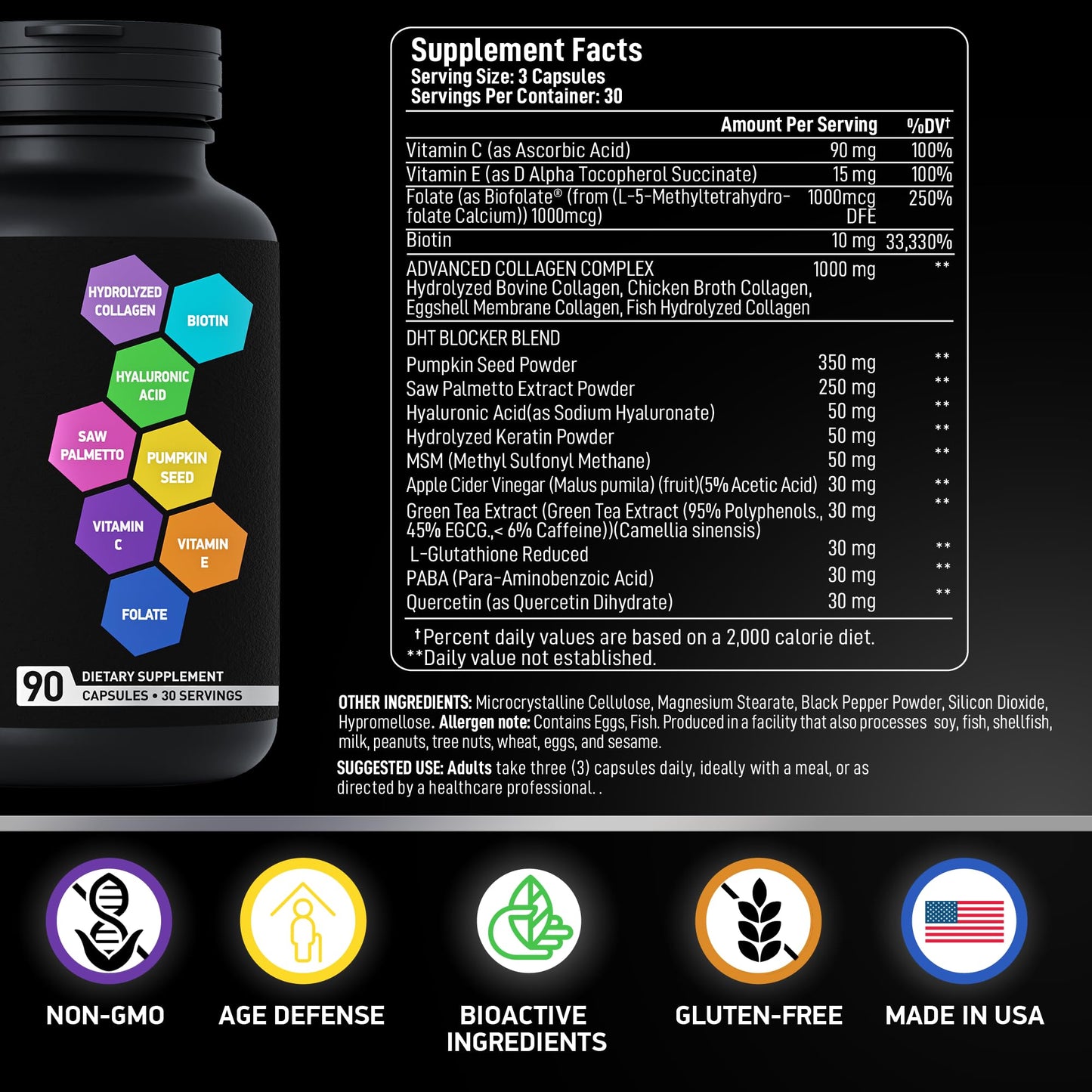 BIOACTIVE LABS Age Defense Beauty Collagen Matrix 2,000mg Multi Collagen Biotin Keratin Hyaluronic Acid Saw Palmetto Vitamin C Supplement Complex DHT Blocker for Hair Growth Capsules, 90 Count