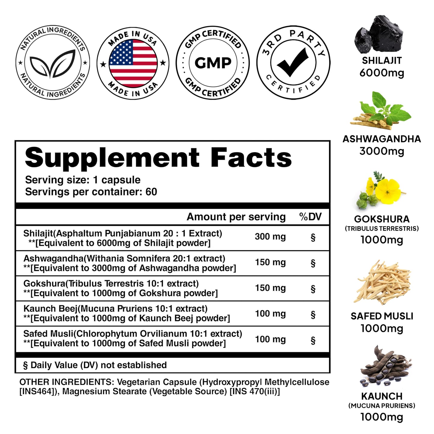 Pure Prana Shilajit for Men with Ashwagandha, Safed Musli & Gokshura - Testosterone, Energy & Vitality Support - 5-in-1 Himalayan Power Blend, 60 Veggie Capsules