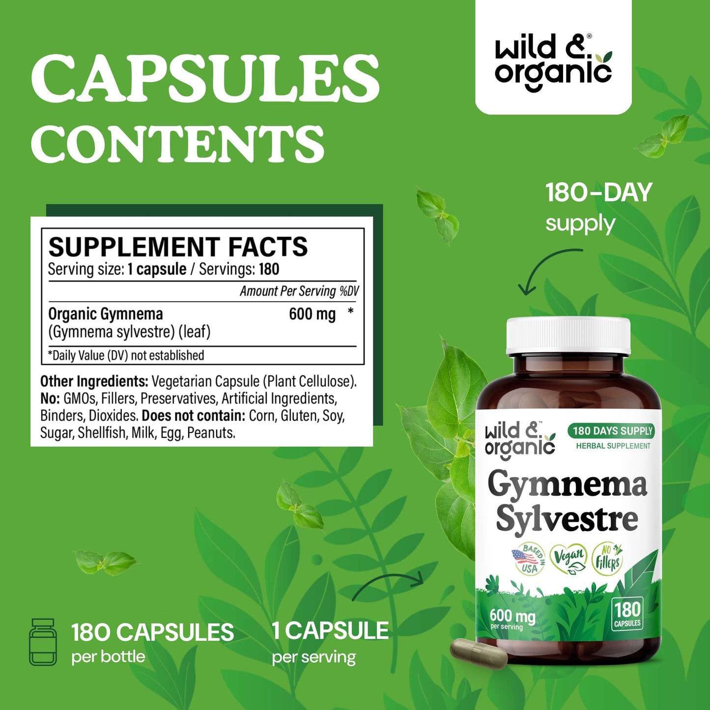 Wild & Organic Gymnema Capsules 600 mg, 180 Count