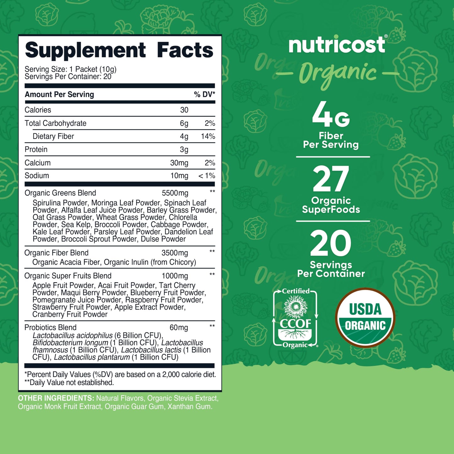Nutricost Organic Super Greens (Unflavored) Powder 7.1 Ounce
