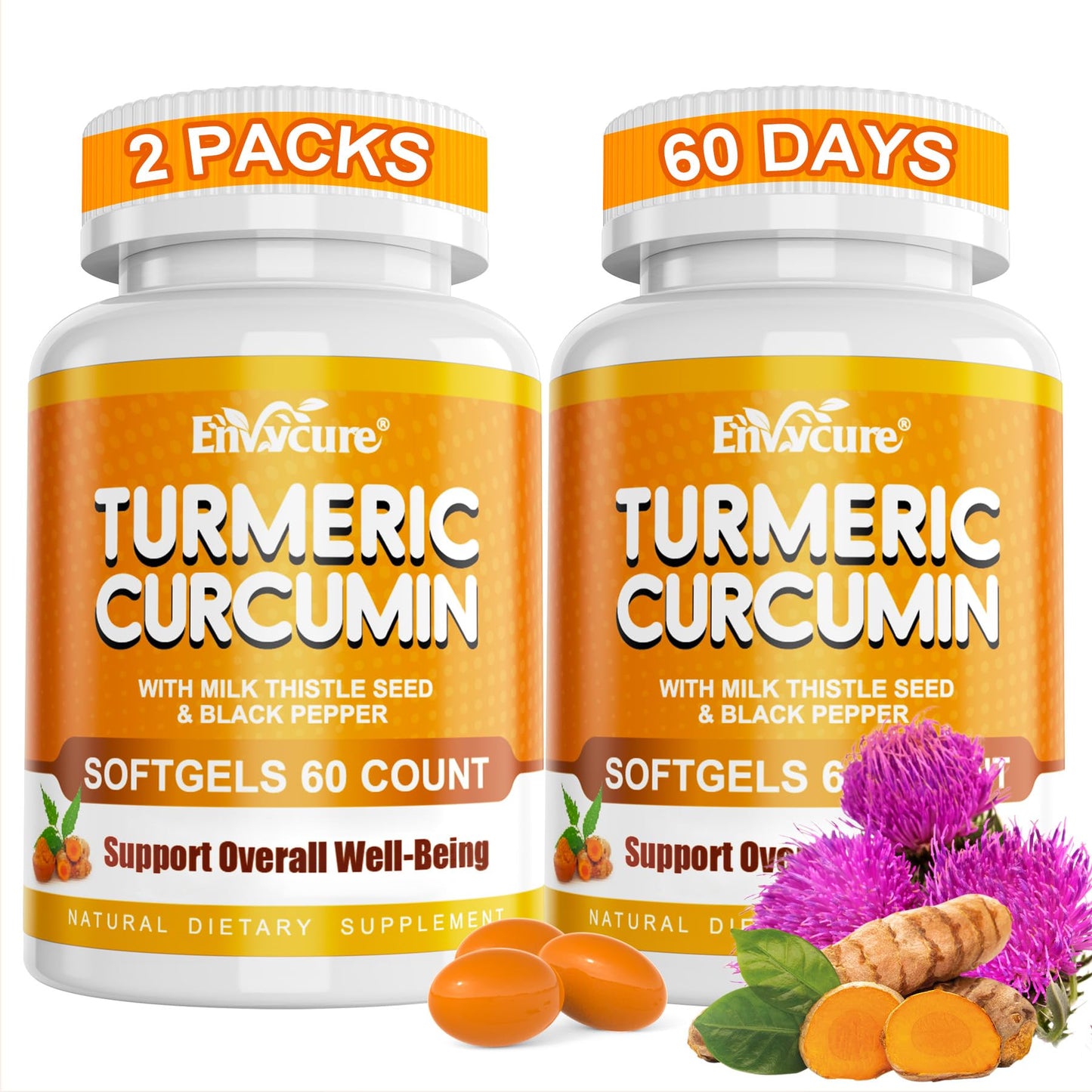 EnvyCure Turmeric Curcumin Softgels with Ginger & Black Pepper, Milk Thistle, 2000mg Turmeric Camplex with 95% Curcuminoids — 120 Softgels