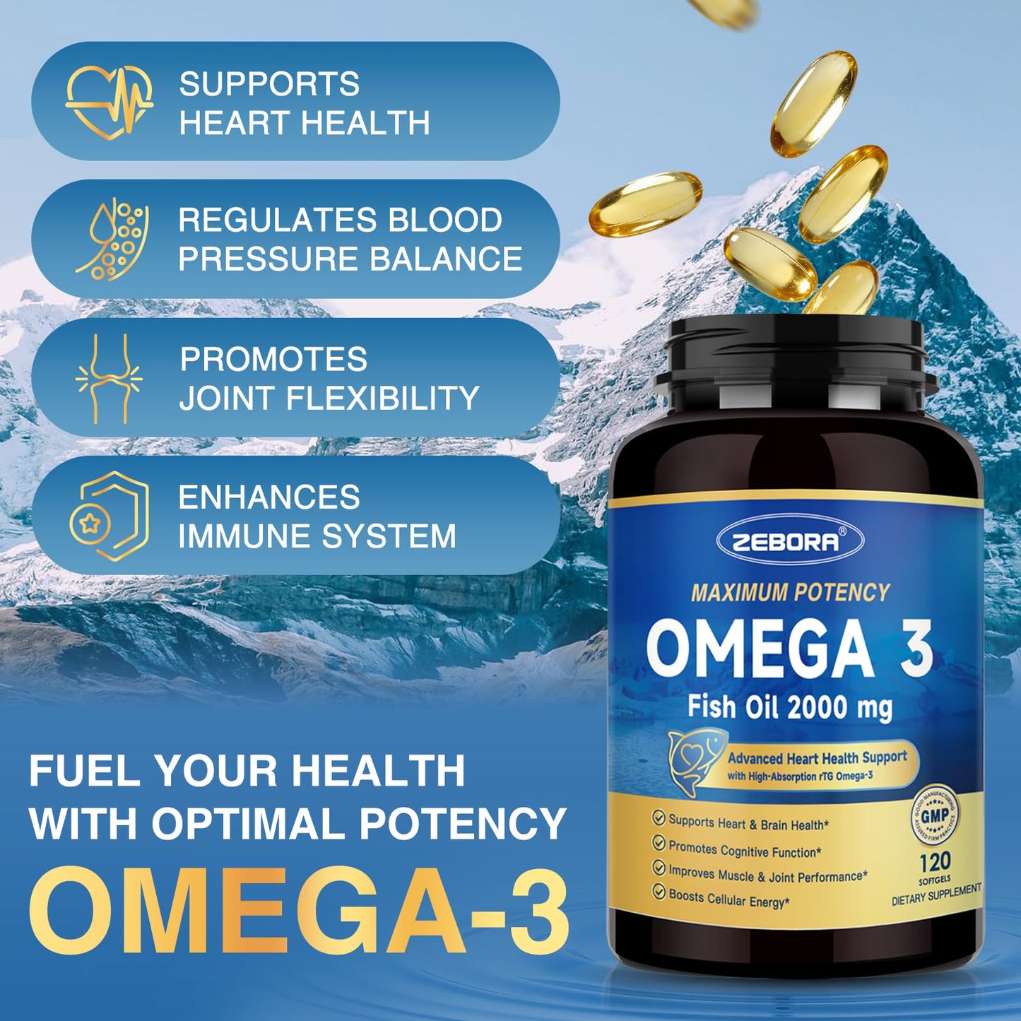 ZEBORA Omega-3 Fish Oil 2000mg Softgels, 120 Count