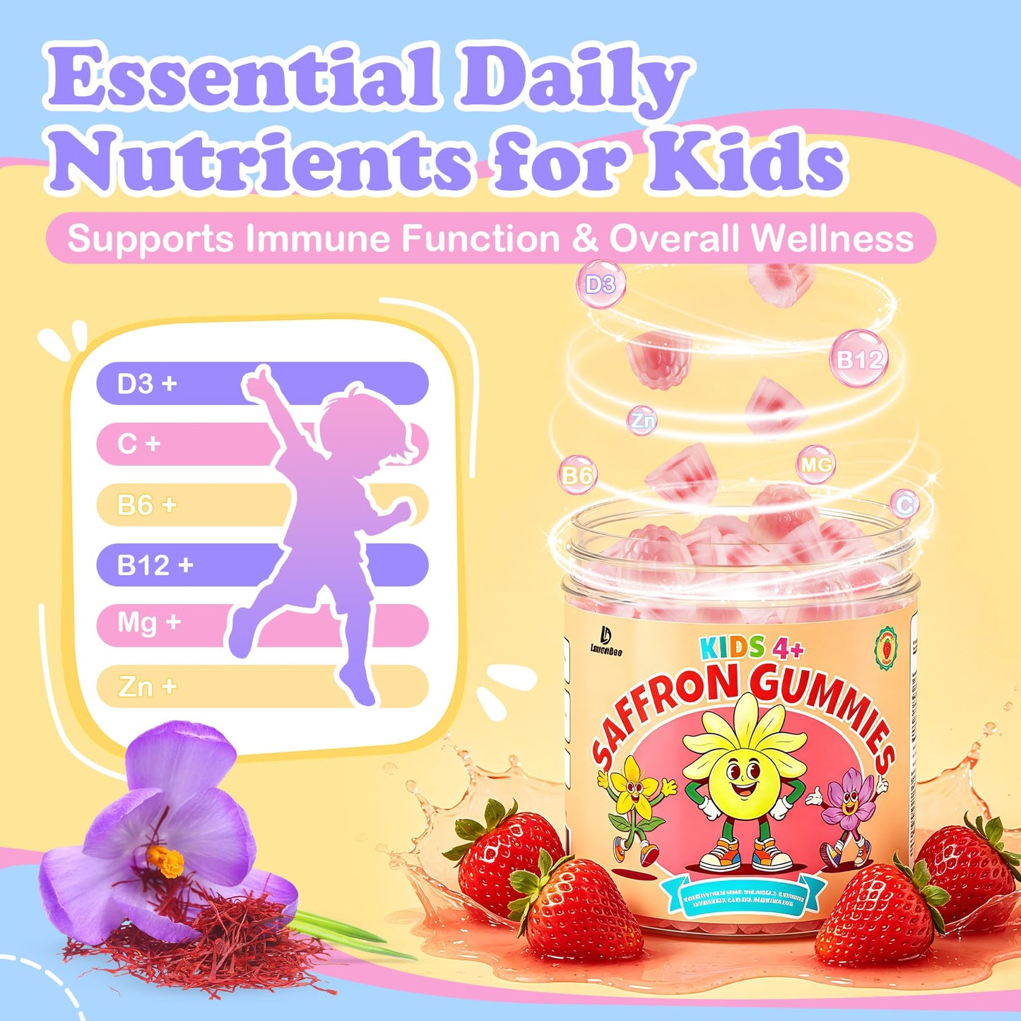 LanranBee Saffron Gummies for Kids, Magnesium for Sleep Gummies, Calm Mood Gummies, 120 Gummies