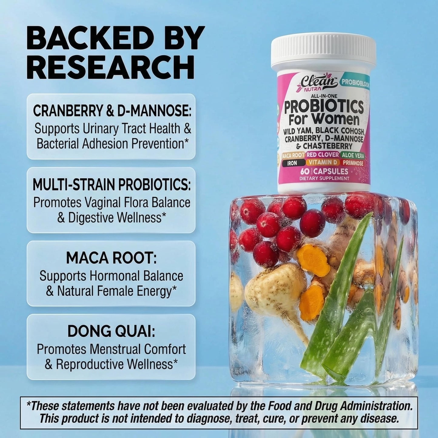Clean Nutraceuticals Probiotics for Women with D-Mannose, Cranberry Extract, Wild Yam, and Chasteberry, 20 Probiotic and Prebiotic Strains, pH Balance, Digestive Health, 60 Capsules