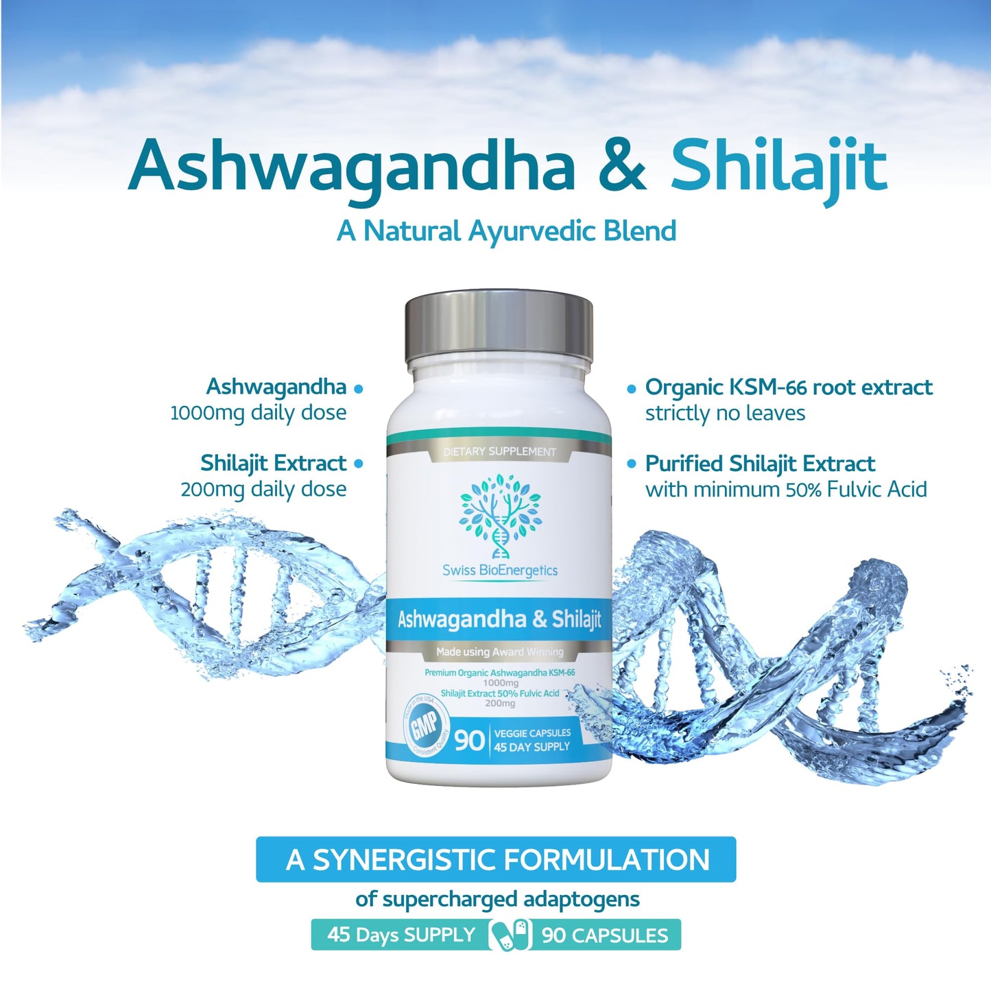 Swiss Bioenergetics Ashwagandha & Shilajit KSM-66 1000mg & Purified Shilajit Extract 200mg (50% Fulvic Acid), 90 Capsules