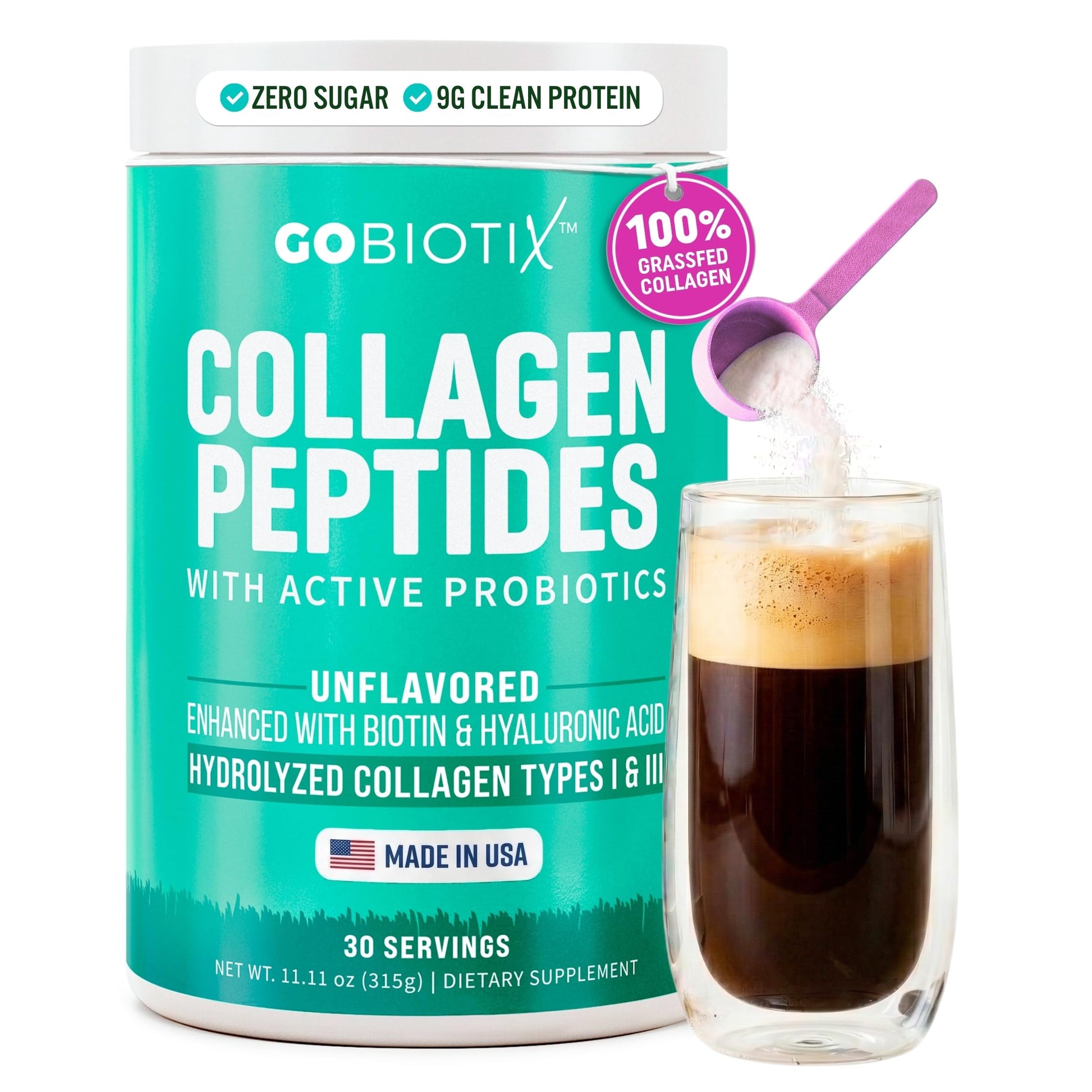 GOBIOTIX Collagen Peptides Powder with Probiotics, Biotin & Hyaluronic Acid - Hydrolyzed Collagen Supplement for Women - Hair Skin Nails, Joint & Digestive Health - Type I & III - 11.11 Ounce, 30 Servings