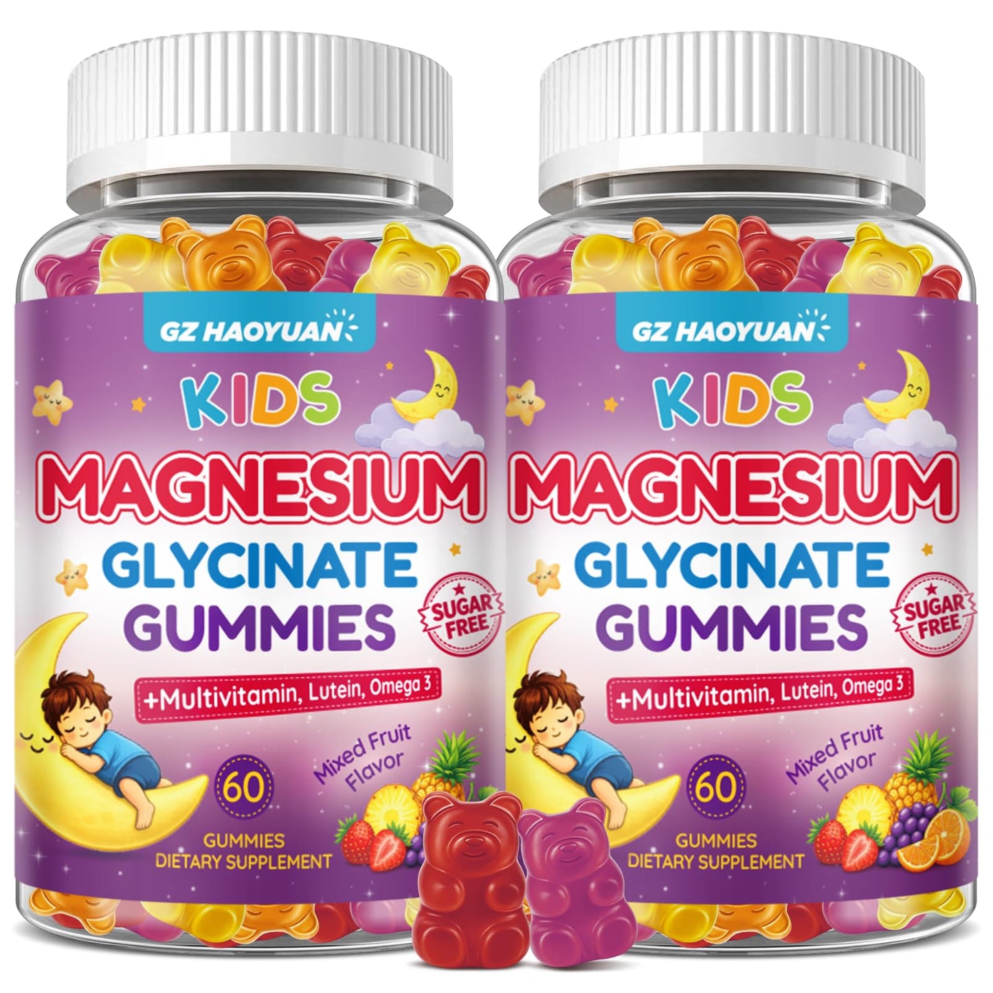 GZ HAOYUAN Magnesium Glycinate Gummies for Kids 4+ Sugar Free Mixed Fruit Flavor with Multivitamin, Lutein, L-Theanine, Supports Sleep, Stress Relief, Muscle Health, Eye, Calm Mood, 120 Gummies