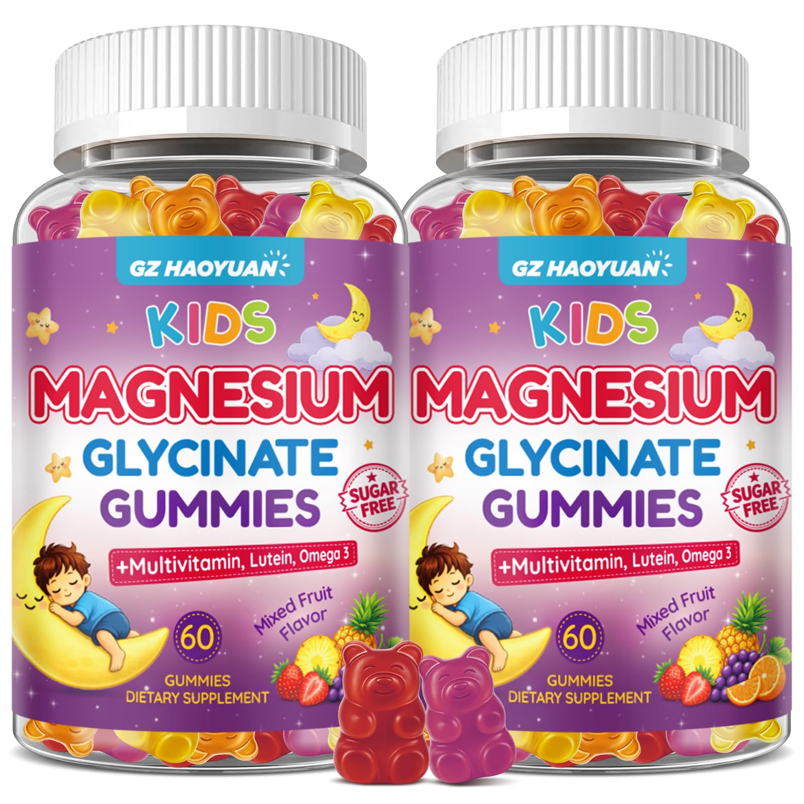 GZ HAOYUAN Magnesium Glycinate Gummies for Kids 4+ Sugar Free Mixed Fruit Flavor with Multivitamin, Lutein, L-Theanine, Supports Sleep, Stress Relief, Muscle Health, Eye, Calm Mood, 120 Gummies