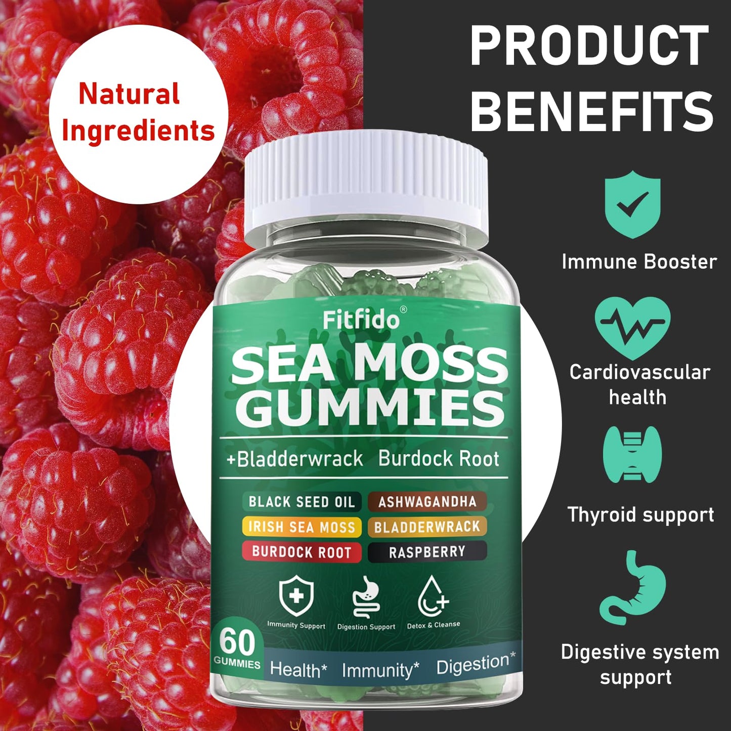 Fitfido Irish Sea Moss Gummies 60 Count with Bladderwrack, Burdock Root & Manuka Honey, 105+ Trace Minerals, Raspberry Flavor, Sugar Free, Vegan
