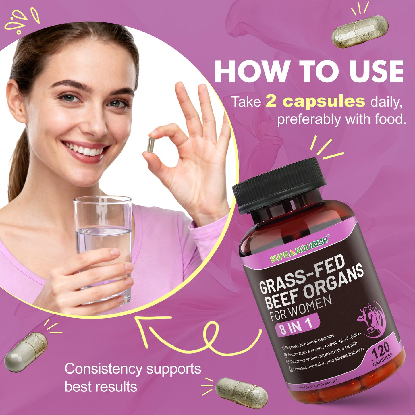 SUPRANOURISH Grass Fed Beef Organs for Women - Liver, Kidney, Heart, Uterus & Ovary Complex with Vitex, Evening Primrose Oil & Ashwagandha, Capsules, 120 Count