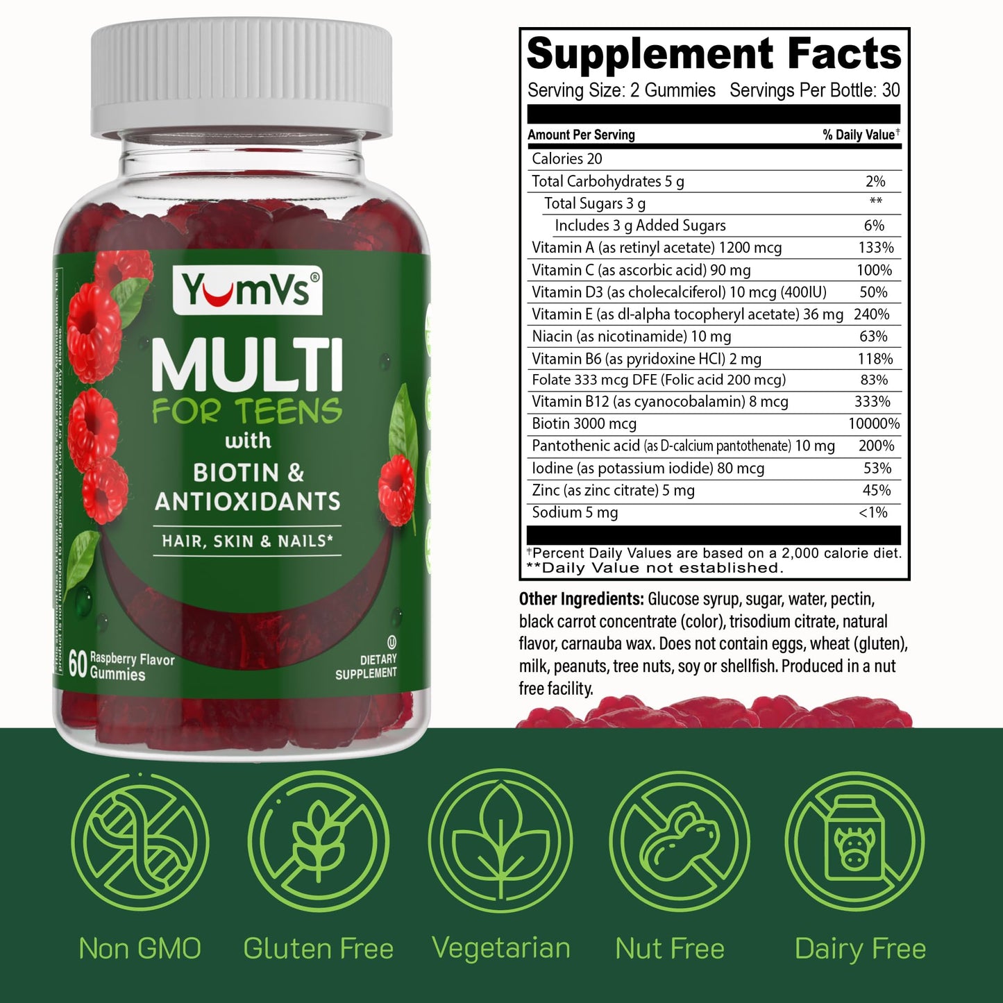 YUM-V'S Teen Multivitamin Gummies with Biotin & Antioxidants – Raspberry Flavor – Hair, Skin & Nails Support – Kosher Gummies for Teens 12–17, 60 Count