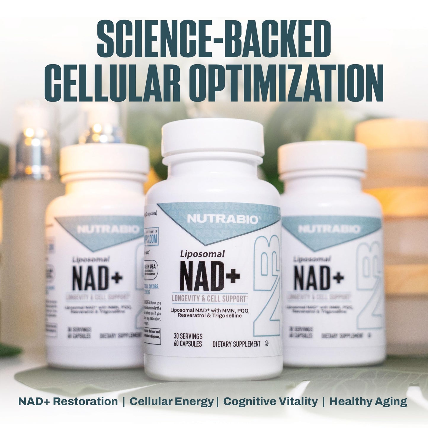 NutraBio Liposomal NAD+ Supplement with Resveratrol, NMN & PQQ, 60 Capsules