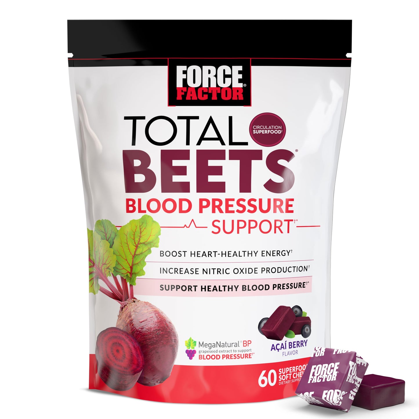 Force Factor Total Beets Blood Pressure Support Supplements with Beet Powder Chews, 60 Count