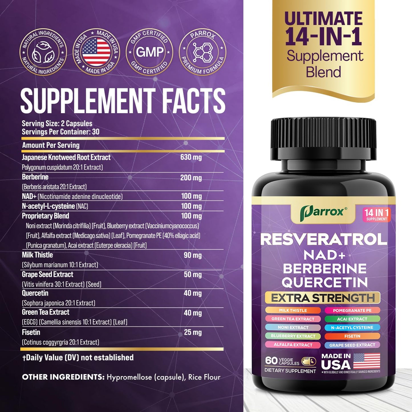 Parrox Resveratrol Supplement, 14-in-1 NAD, Berberine & Quercetin Capsule, 60 Count