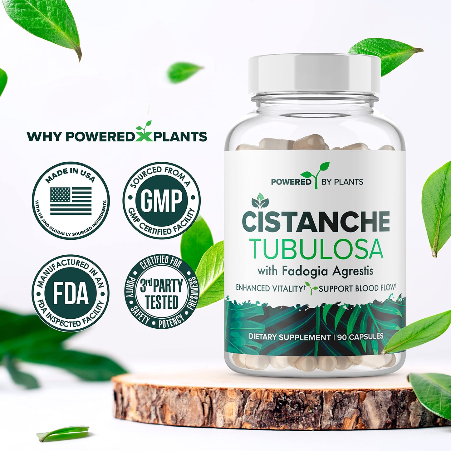 POWERED X PLANTS Cistanche Tubulosa with Fadogia Agrestis - Promotes Vitality - Natural Supplements for Men & Women with Bioperine Capsule, 90 Count