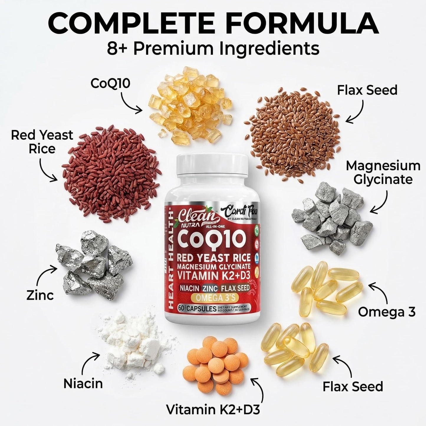 Clean Nutraceuticals CoQ10 Red Yeast Rice Magnesium Glycinate Vitamin K2 D3 Niacin Zinc Flax Seed Omega 3 Capsules 60 Count