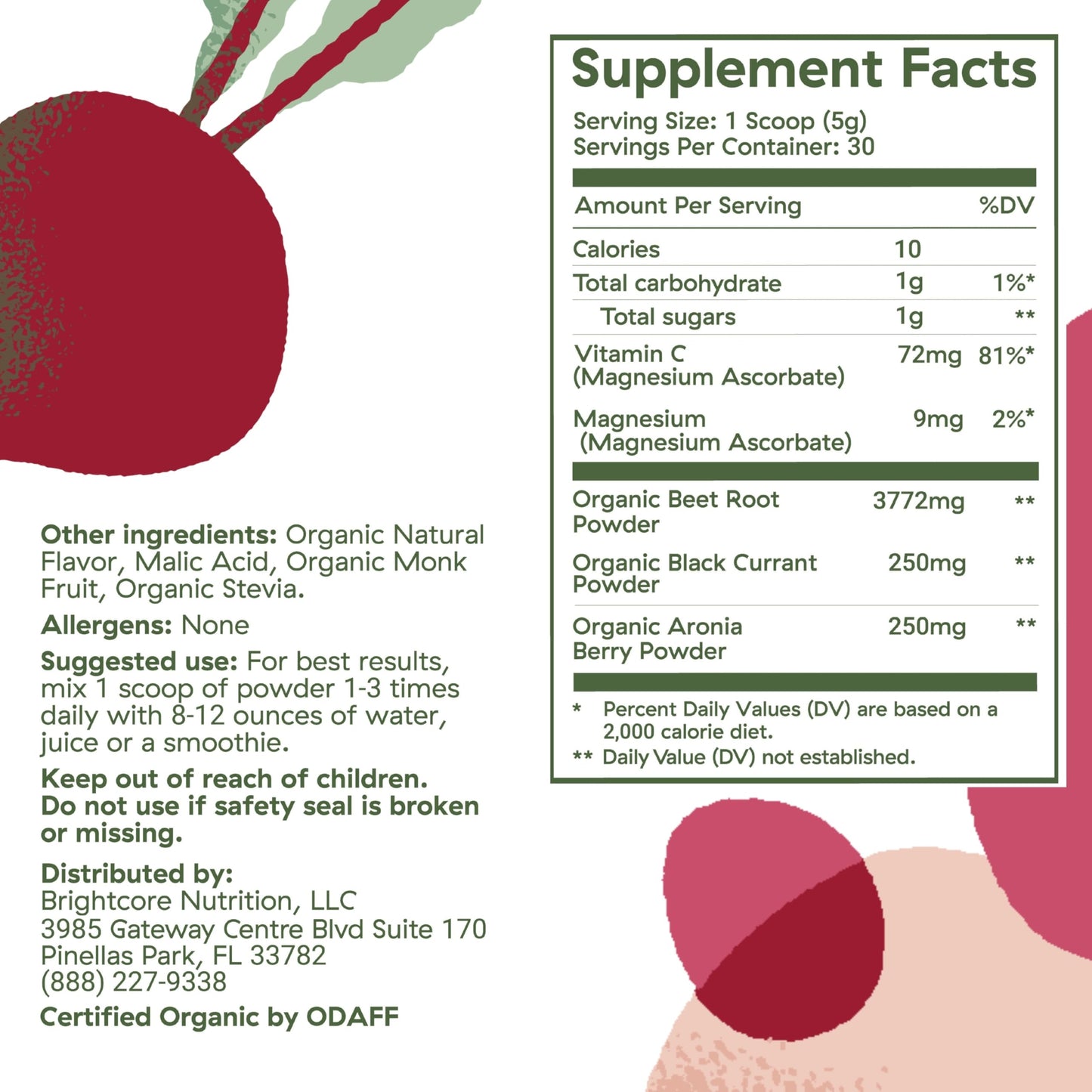 Brightcore BrightBeets Beet Powder, Red Apple Flavor, 5.29 oz, 30 Servings