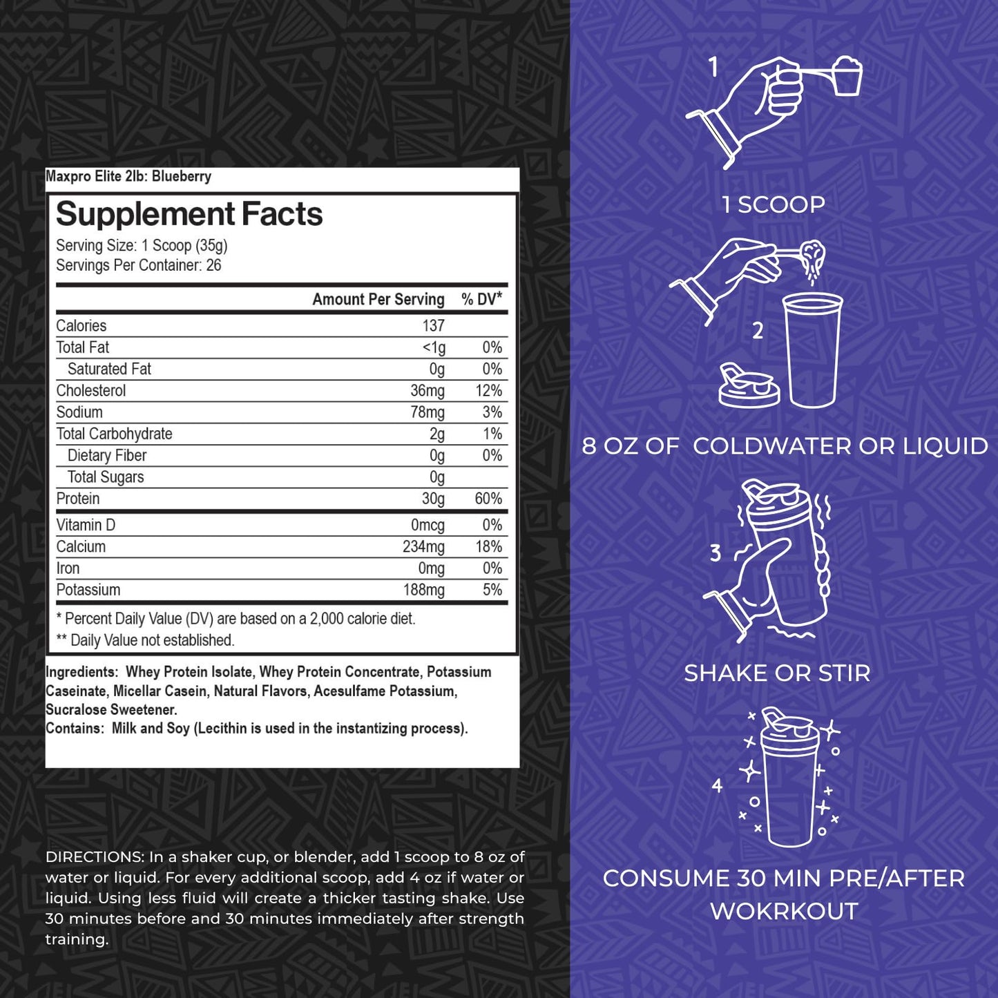 Max Muscle Maxpro Elite Whey Protein Powder, Blueberry, 32 Servings