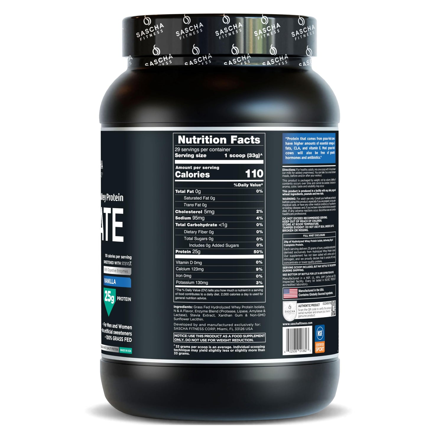 SASCHA FITNESS Hydrolyzed Whey Protein Isolate Powder, Vanilla, 32 oz