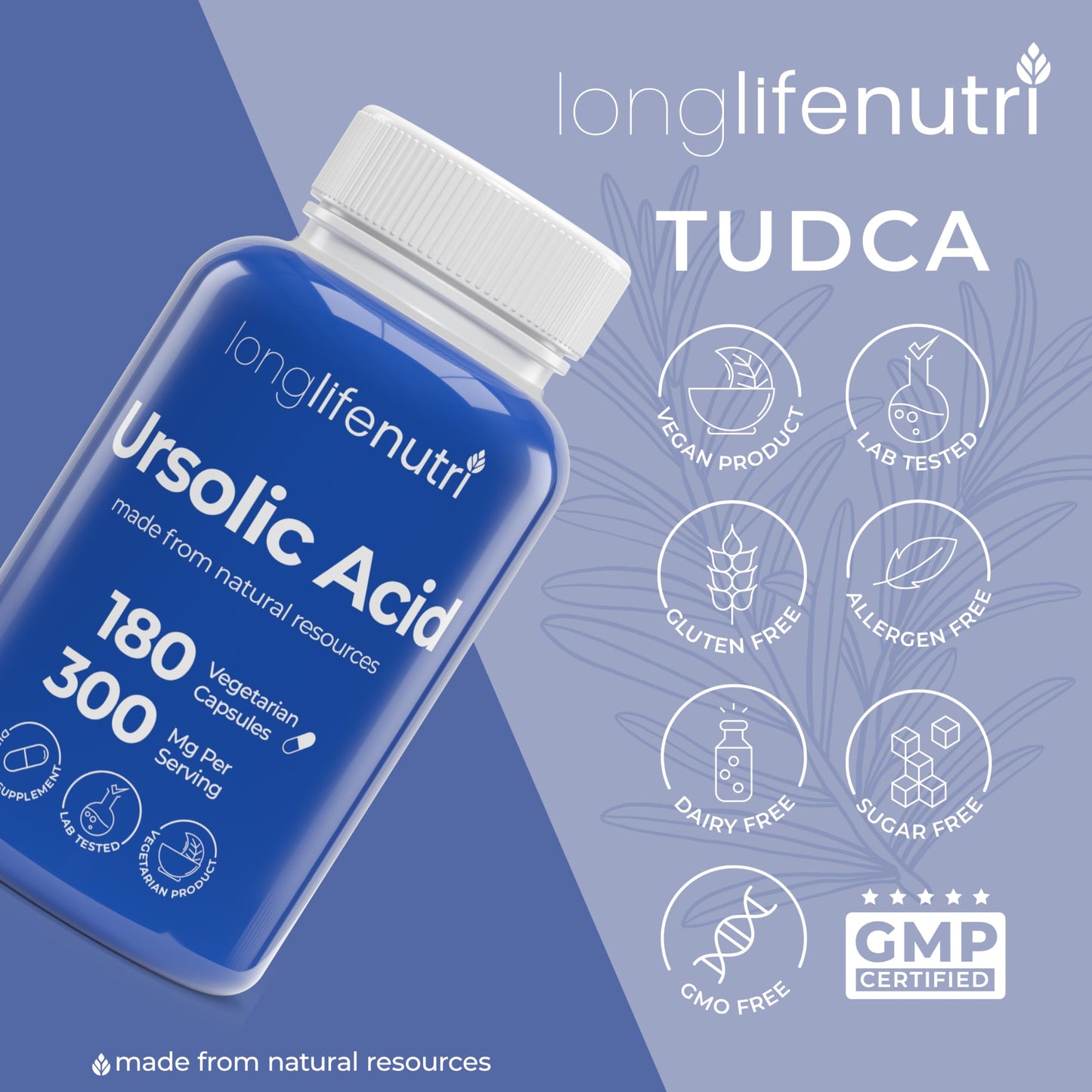 LongLifeNutri Ursolic Acid 300mg - Sourced from Rosemary Leaf Extract, 180 Capsules