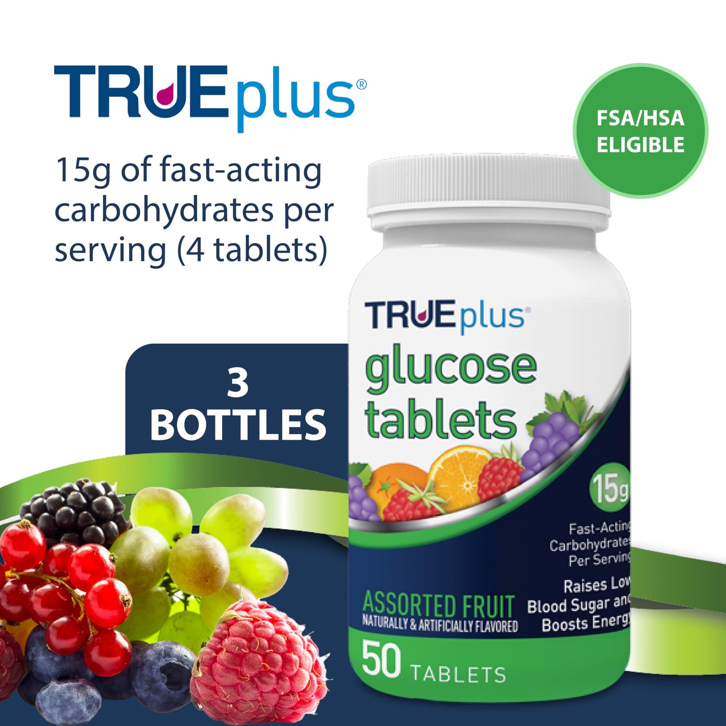 TRUEplus Glucose Tablets, Grape, Raspberry, Orange Flavors, 150 Tablets