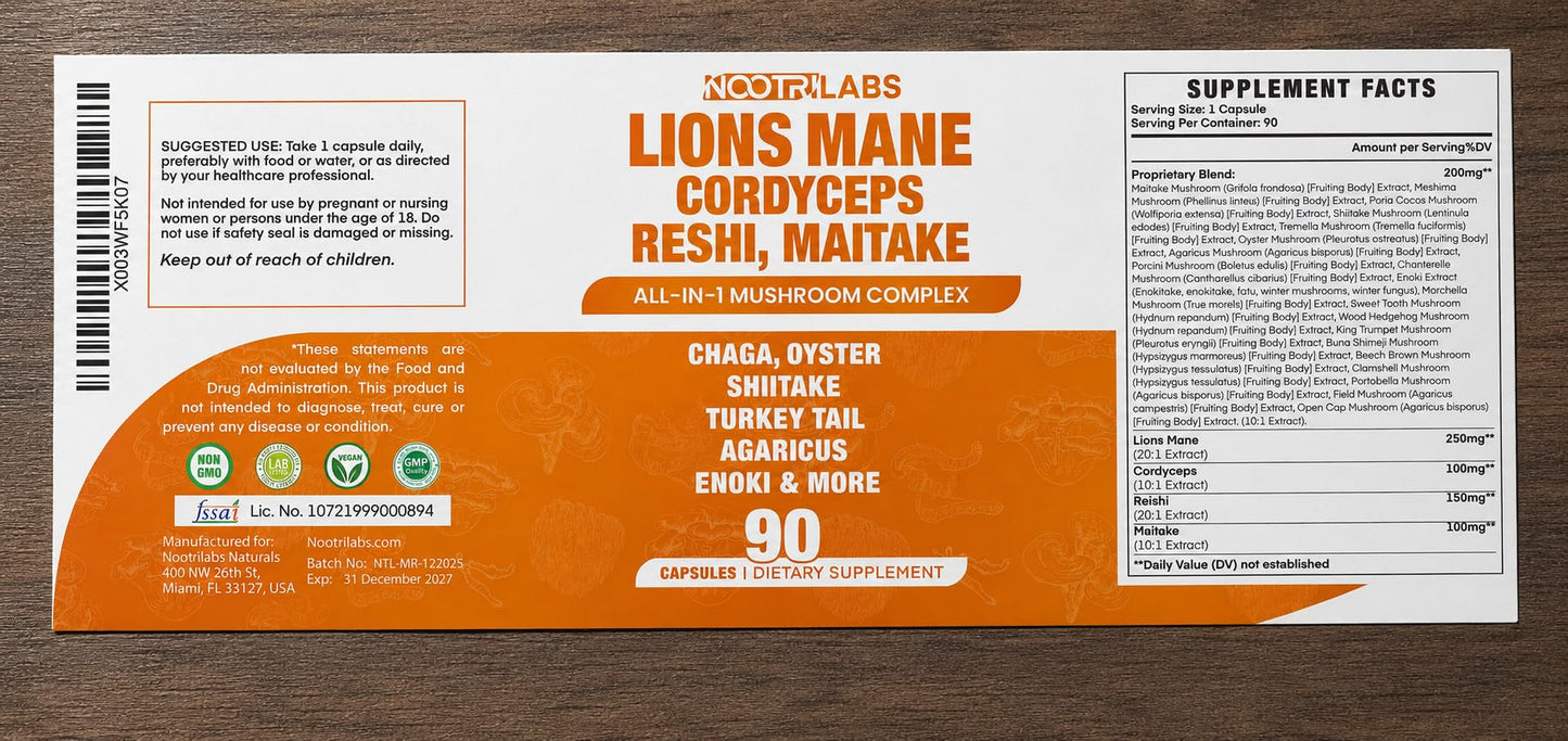Nootrilabs Naturals Mushroom Complex Lions Mane, Cordyceps, Reishi, Maitake Capsules, 90 Count