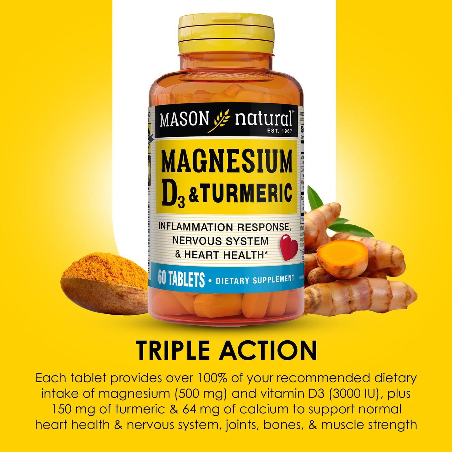 Mason Natural Magnesium & Vitamin D3 with Turmeric Tablets, 60 Count