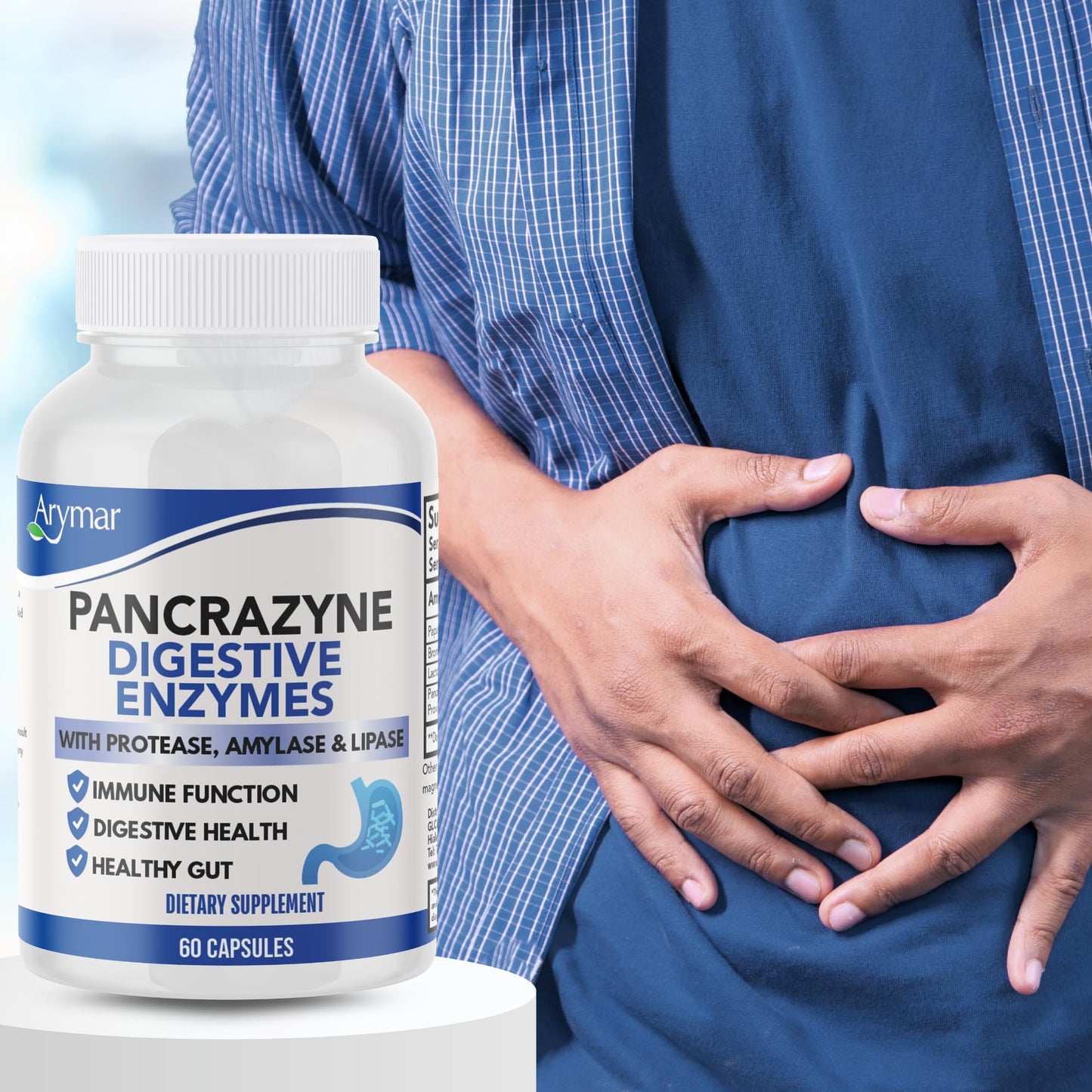Arymar Pancrazyne Probiotics Digestive Enzymes with Amylase, Protease, Lipase & Lactobacillus, 60 Capsules