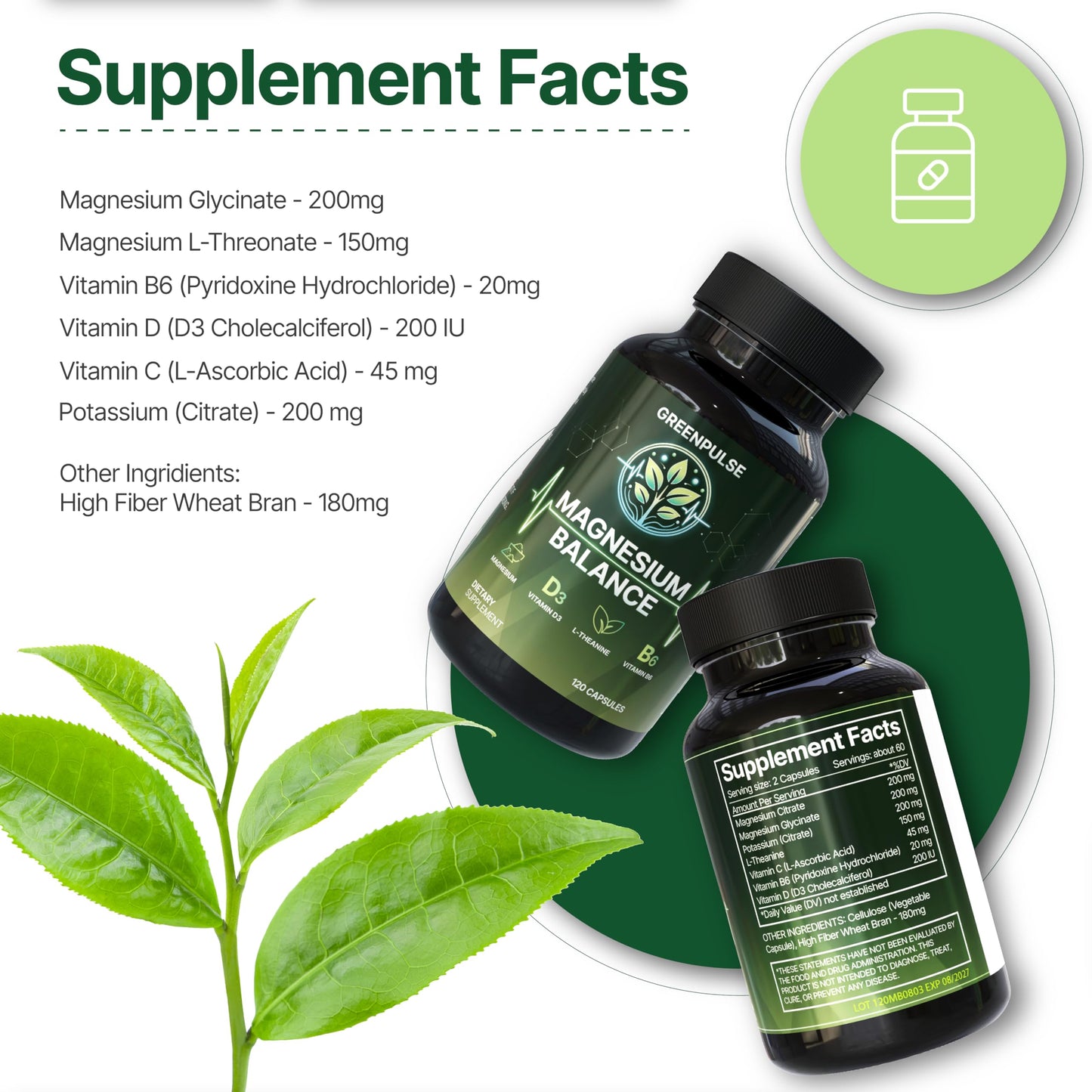 GREENPULSE Magnesium Balance – Magnesium Glycinate & Citrate with L-Theanine, Vitamin C, B6 & D3 – Calm & Relaxation Support – 120 Capsules